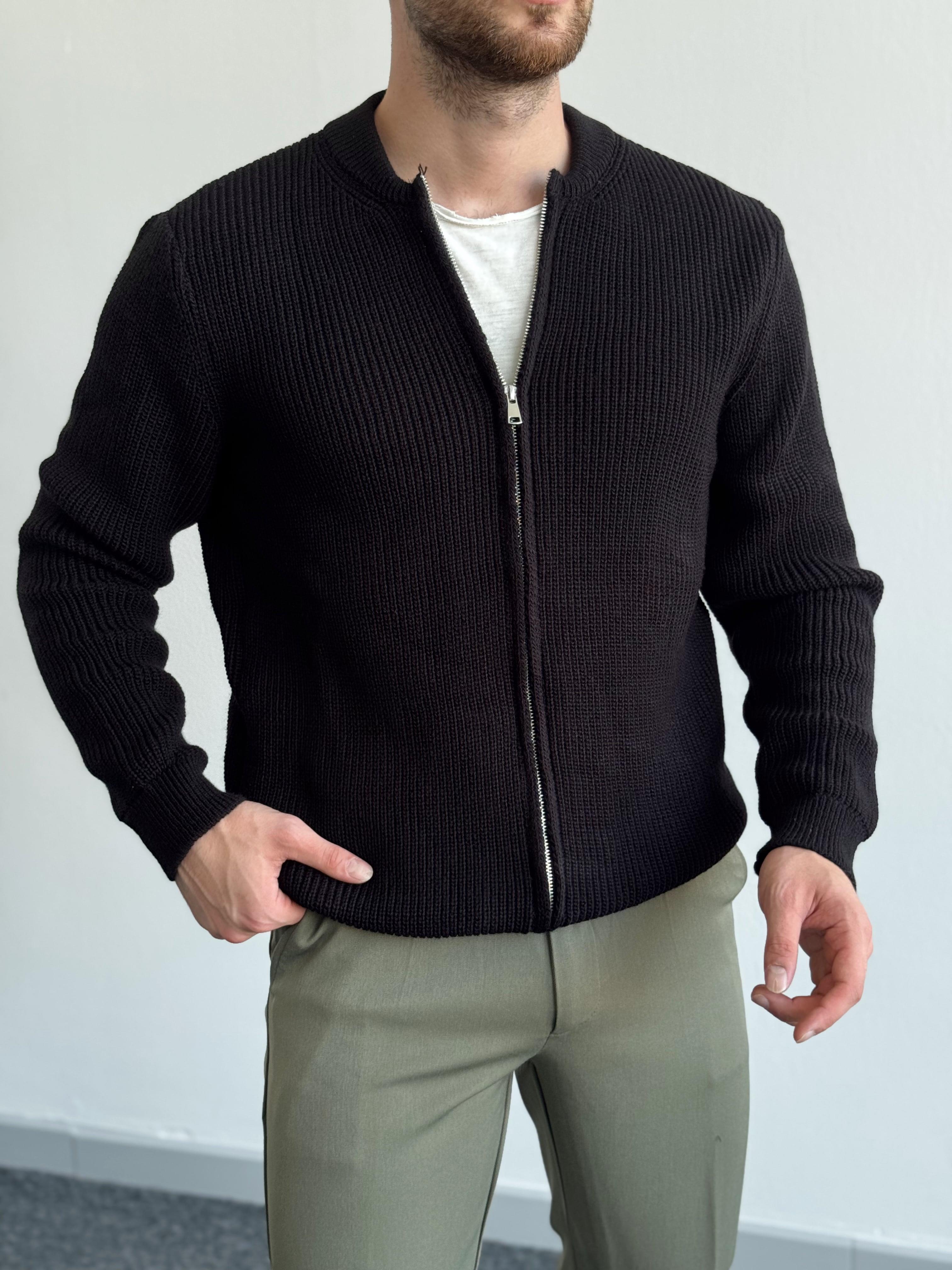 Erkek Regular Fit Fermuarlı Örme Triko Hırka-Siyah(E1146)Ketench