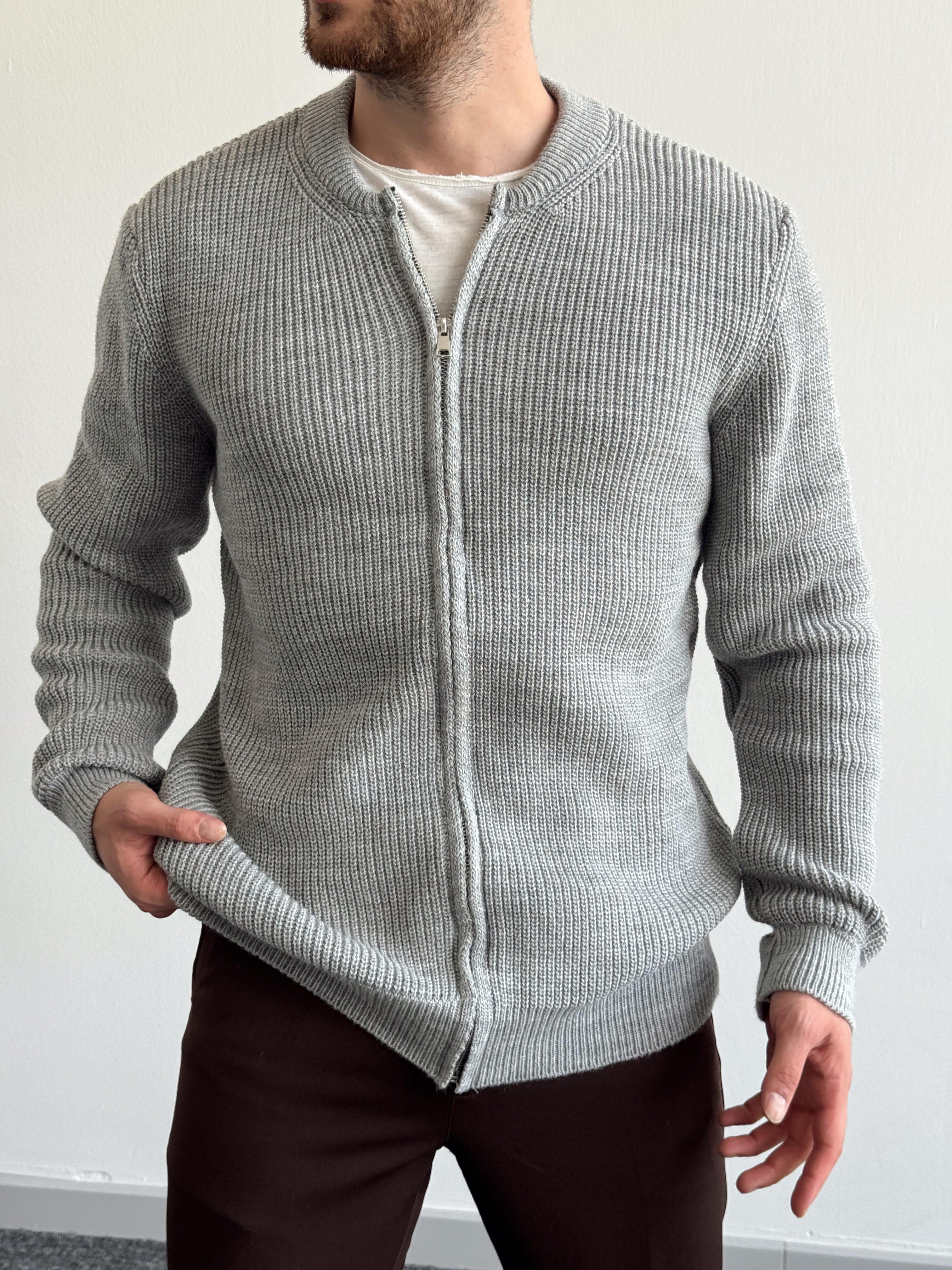 Erkek Regular Fit Fermuarlı Örme Triko Hırka-Gri(E1146)Ketench