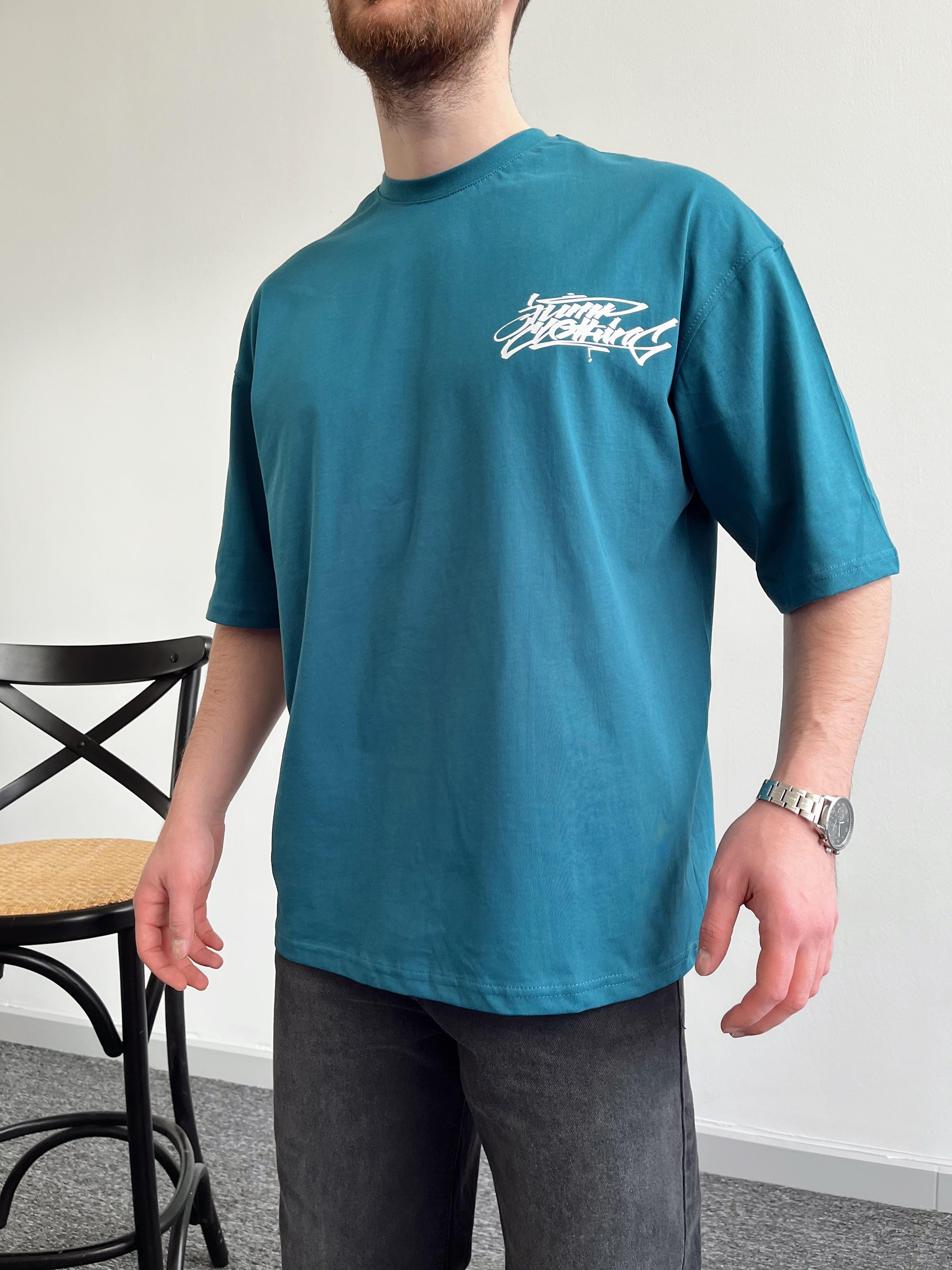 Erkek Sırt Rabbit Baskılı Yüksek Kalite Oversize T-Shirt-Petrol(E1013)Ketench