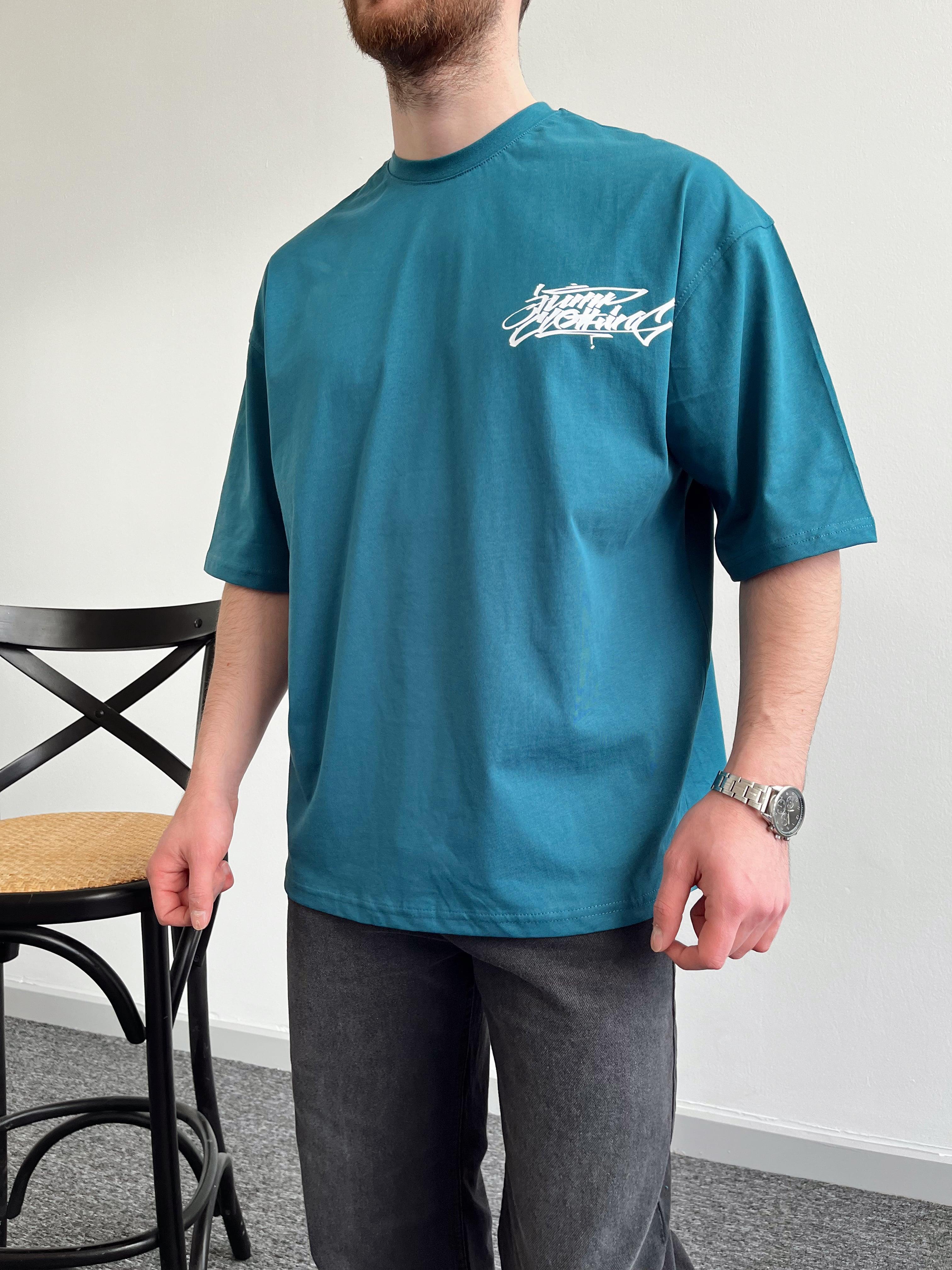 Erkek Sırt Rabbit Baskılı Yüksek Kalite Oversize T-Shirt-Petrol(E1013)Ketench