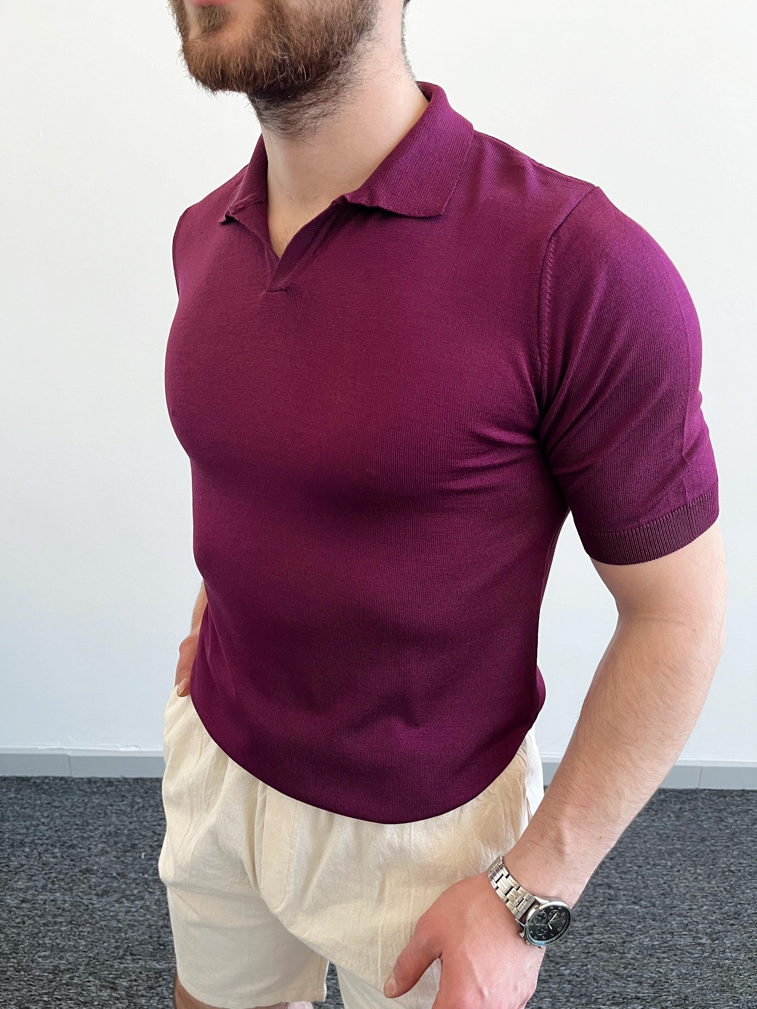 Erkek Slim Fit Polo Yaka Düz Triko T-Shirt-Bordo(E1023)Ketench