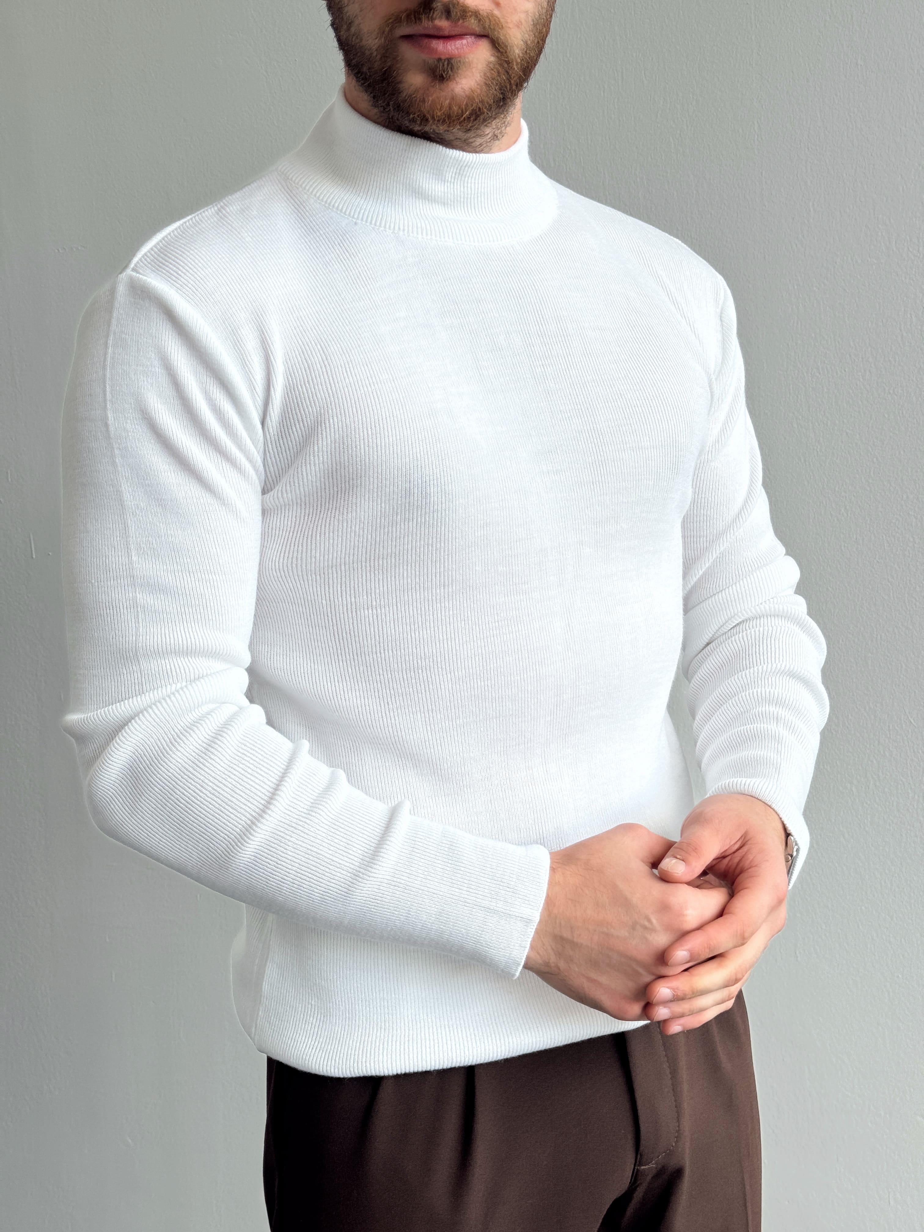 Erkek Standart Fit Normal Kesim Yarım Balıkçı Yaka Triko Kazak-Beyaz(E1188)Ketench