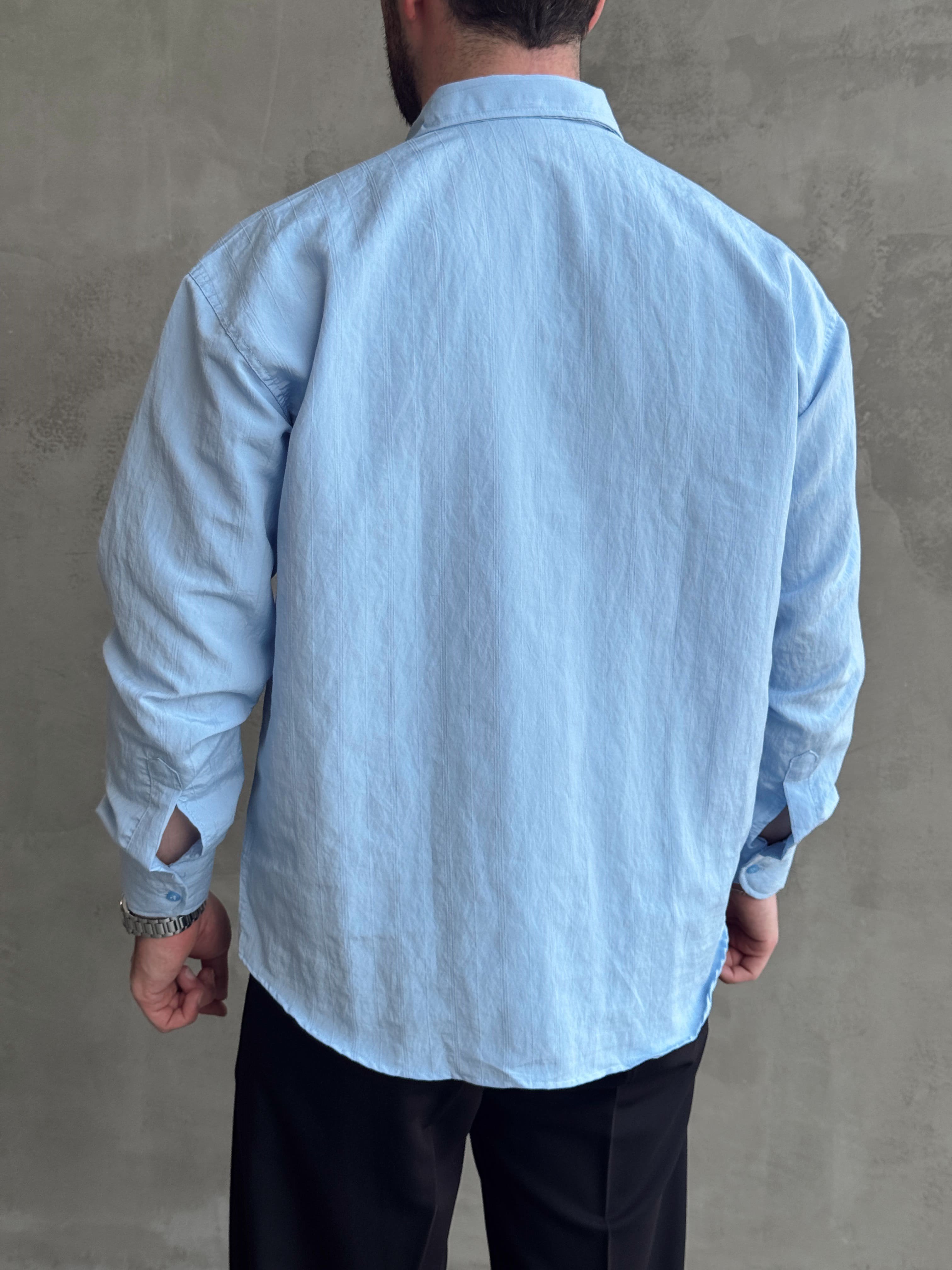 Erkek Trend Model Oversize Kalıp Kendiliğinden Çizgi Detaylı Gömlek-Bebe Mavi(E1786)Ketench