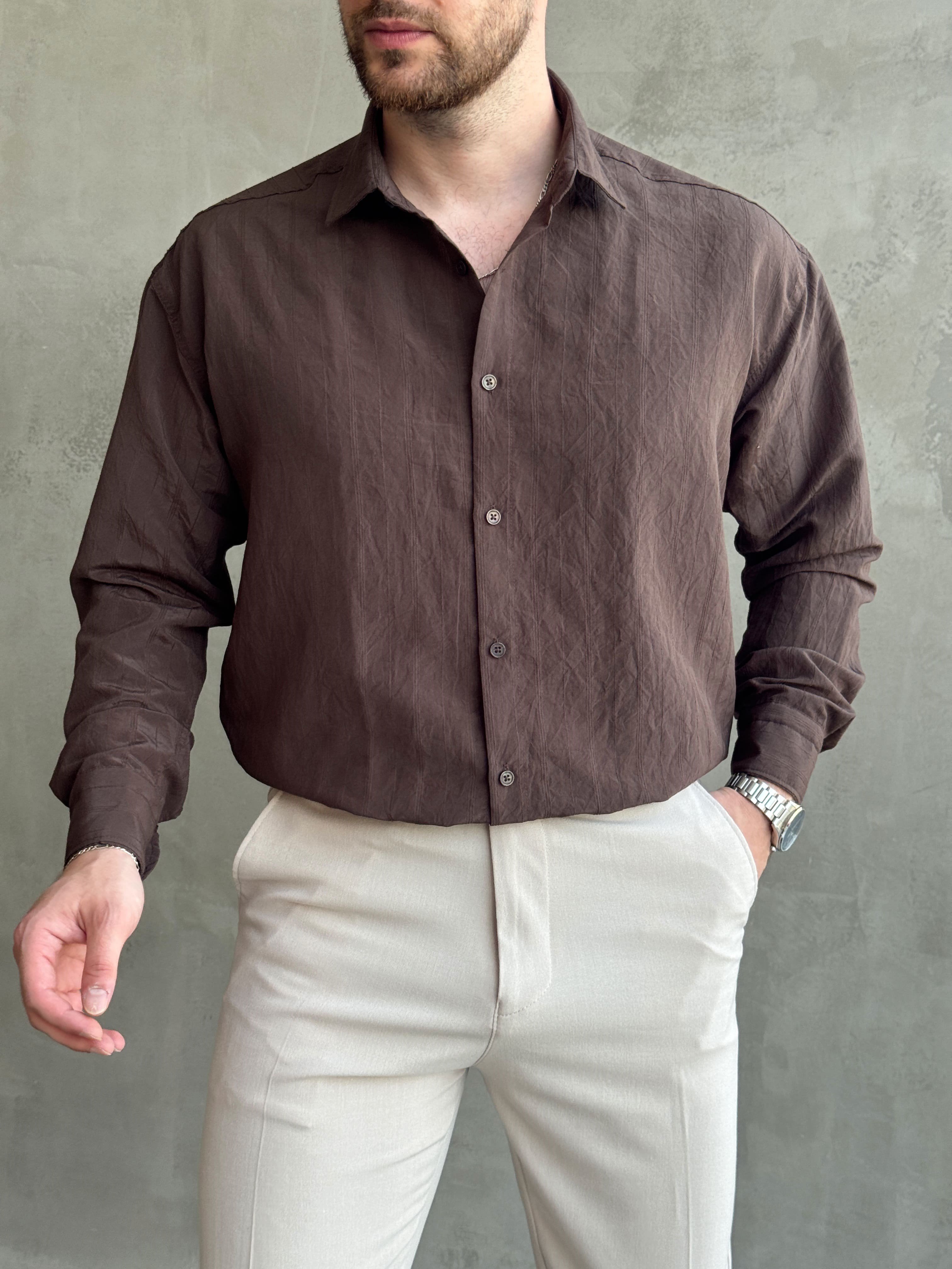 Erkek Trend Model Oversize Kalıp Kendiliğinden Çizgi Detaylı Gömlek-Kahverengi(E1786)Ketench