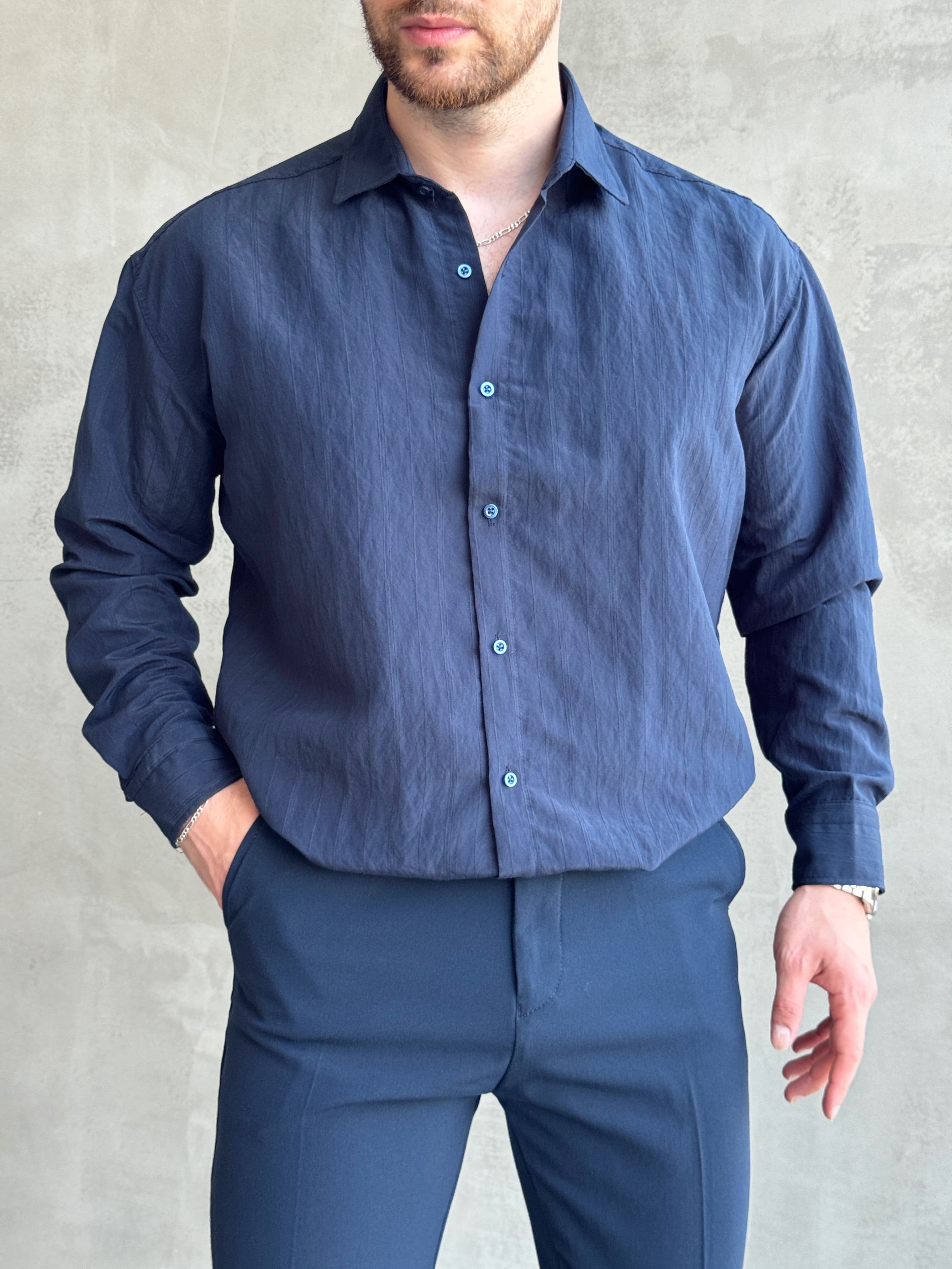 Erkek Trend Model Oversize Kalıp Kendiliğinden Çizgi Detaylı Gömlek-Lacivert(E1786)Ketench