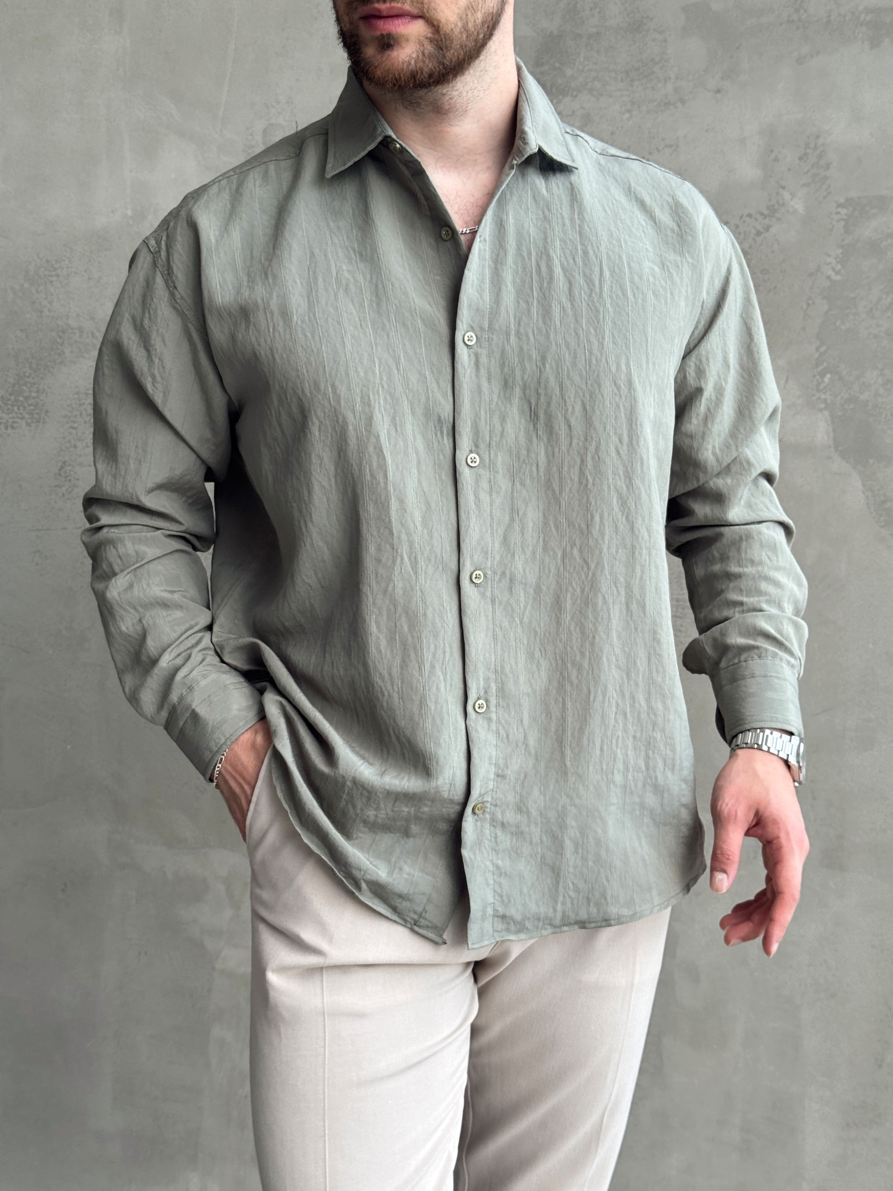 Erkek Trend Model Oversize Kalıp Kendiliğinden Çizgi Detaylı Gömlek-Haki(E1786)Ketench
