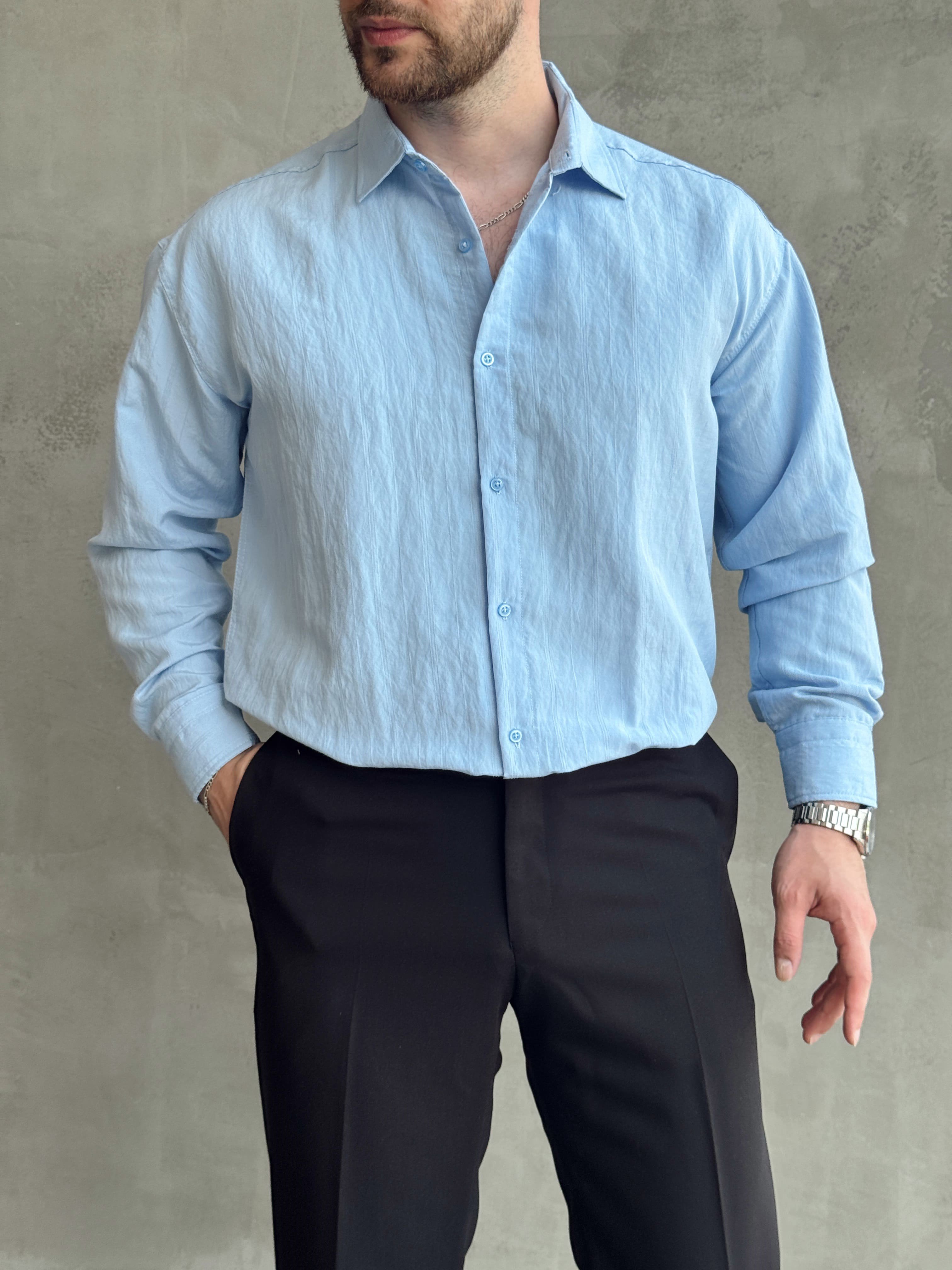 Erkek Trend Model Oversize Kalıp Kendiliğinden Çizgi Detaylı Gömlek-Bebe Mavi(E1786)Ketench