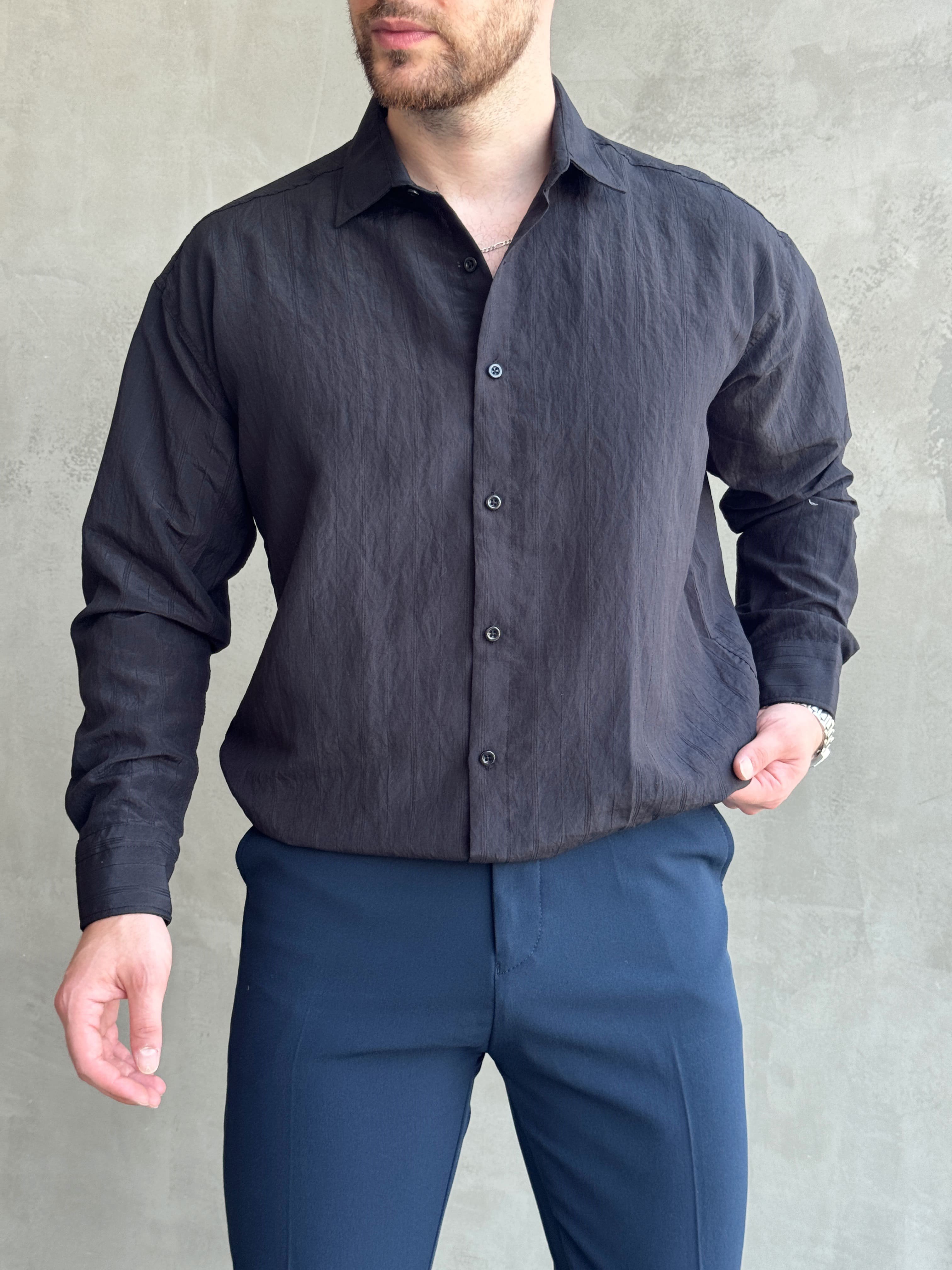 Erkek Trend Model Oversize Kalıp Kendiliğinden Çizgi Detaylı Gömlek-Siyah(E1786)Ketench