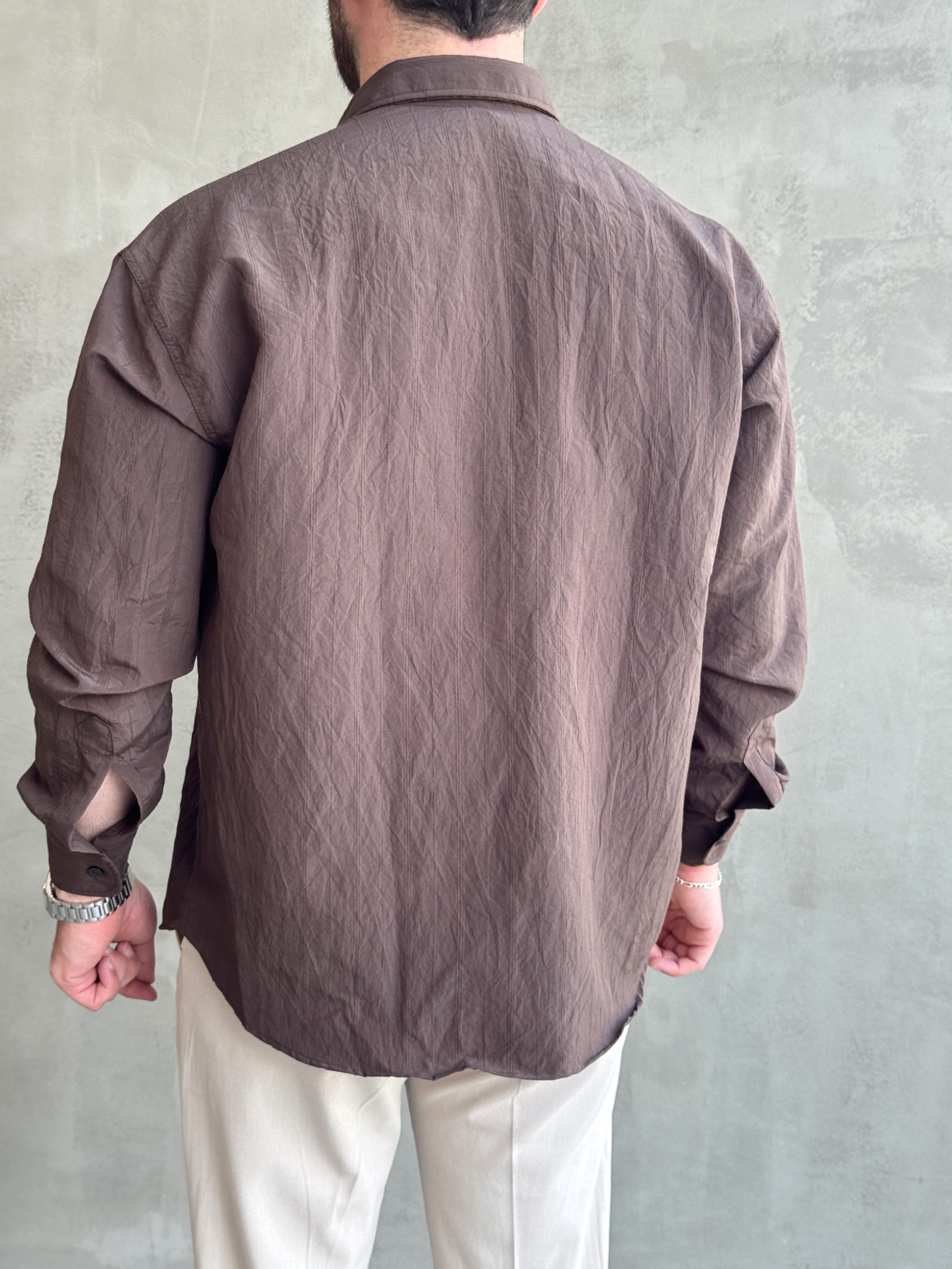 Erkek Trend Model Oversize Kalıp Kendiliğinden Çizgi Detaylı Gömlek-Kahverengi(E1786)Ketench