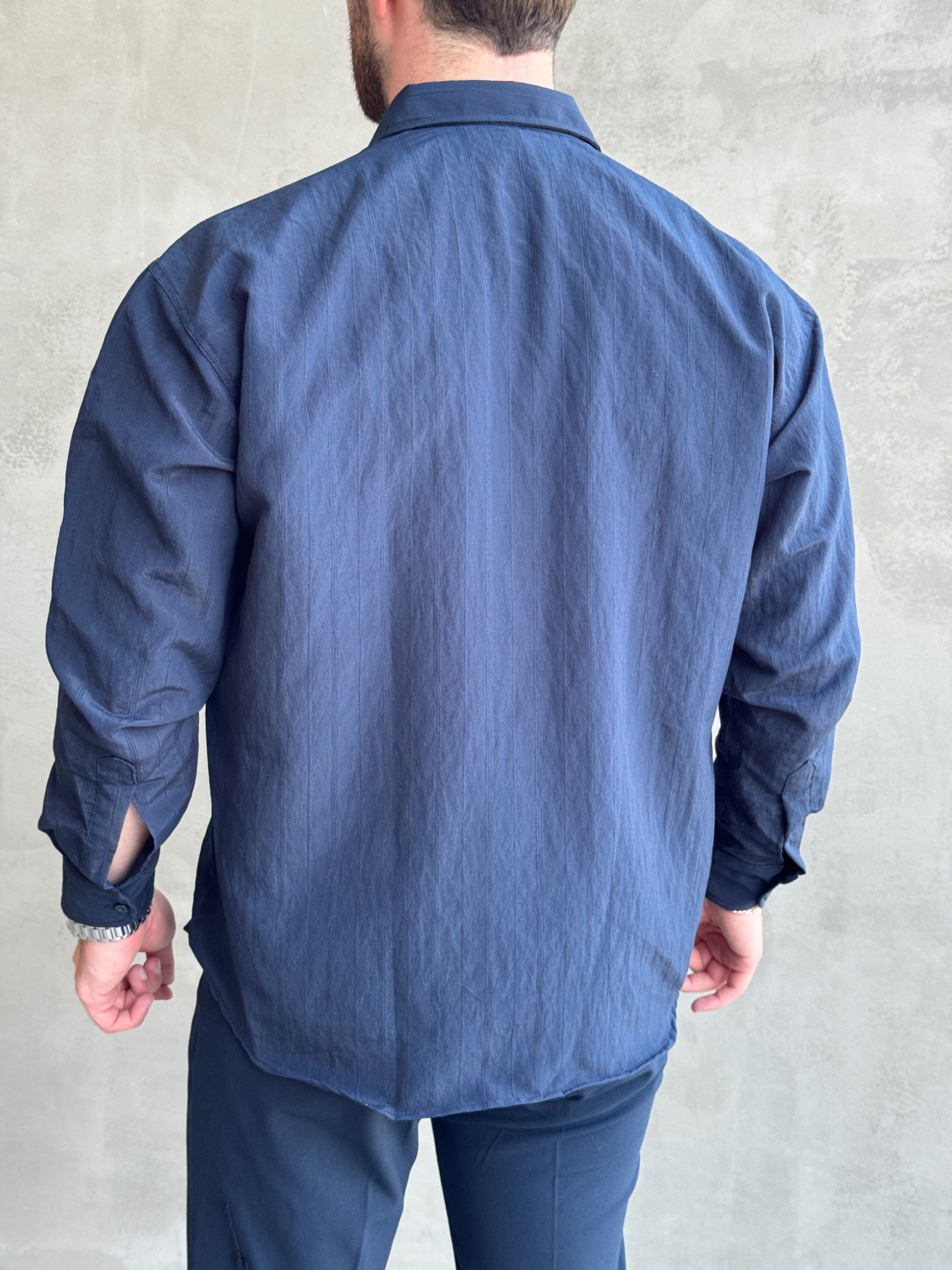 Erkek Trend Model Oversize Kalıp Kendiliğinden Çizgi Detaylı Gömlek-Lacivert(E1786)Ketench