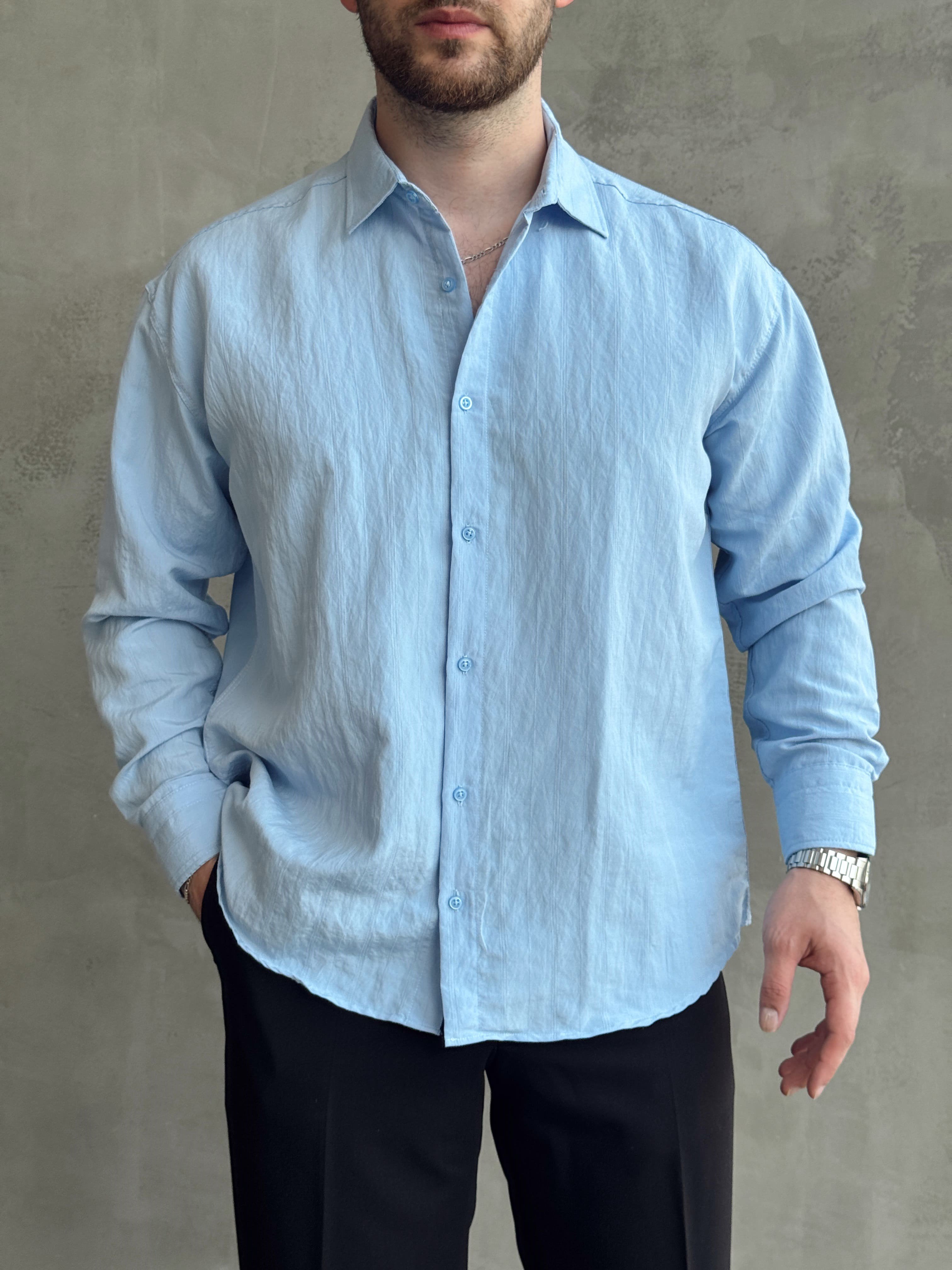 Erkek Trend Model Oversize Kalıp Kendiliğinden Çizgi Detaylı Gömlek-Bebe Mavi(E1786)Ketench