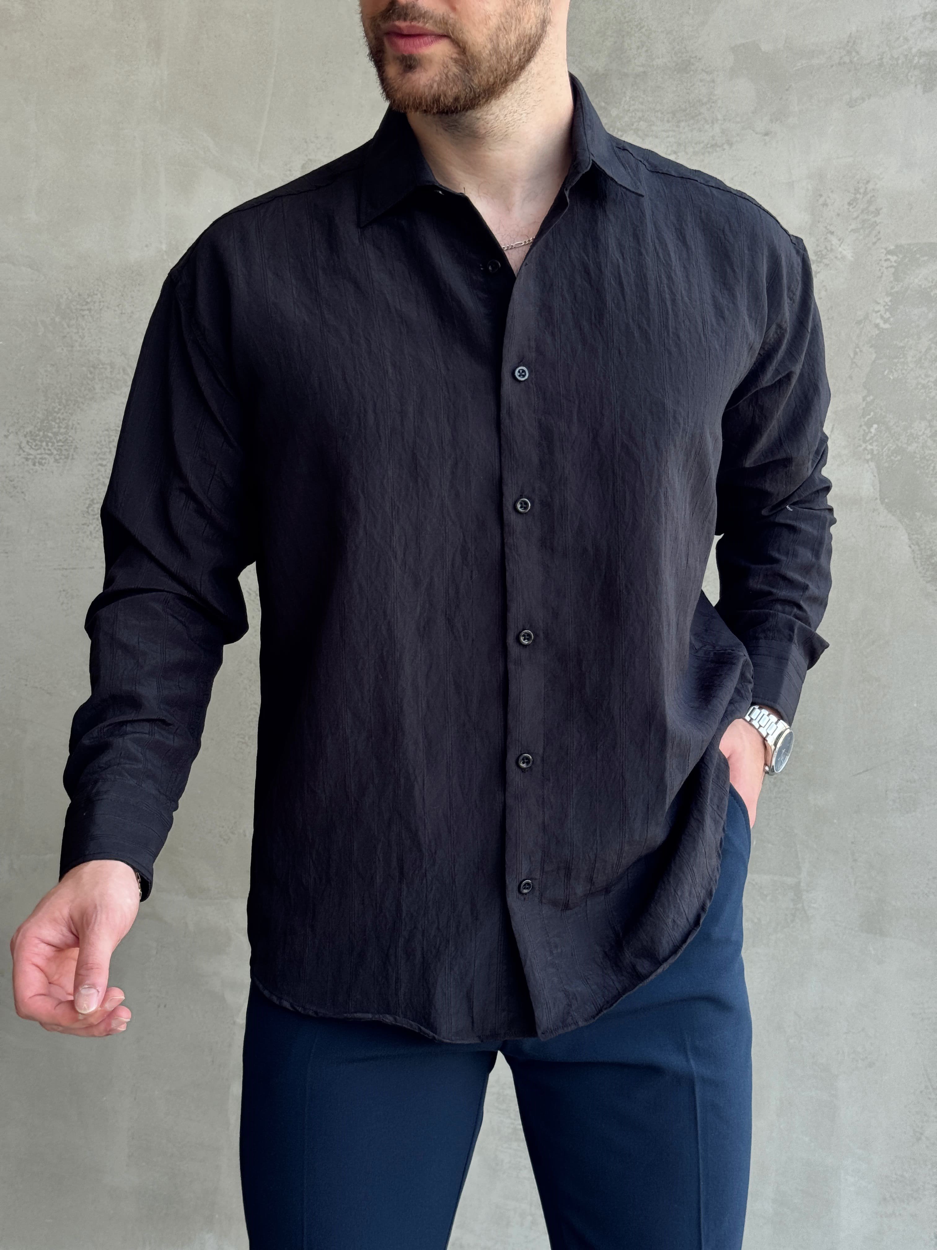 Erkek Trend Model Oversize Kalıp Kendiliğinden Çizgi Detaylı Gömlek-Siyah(E1786)Ketench