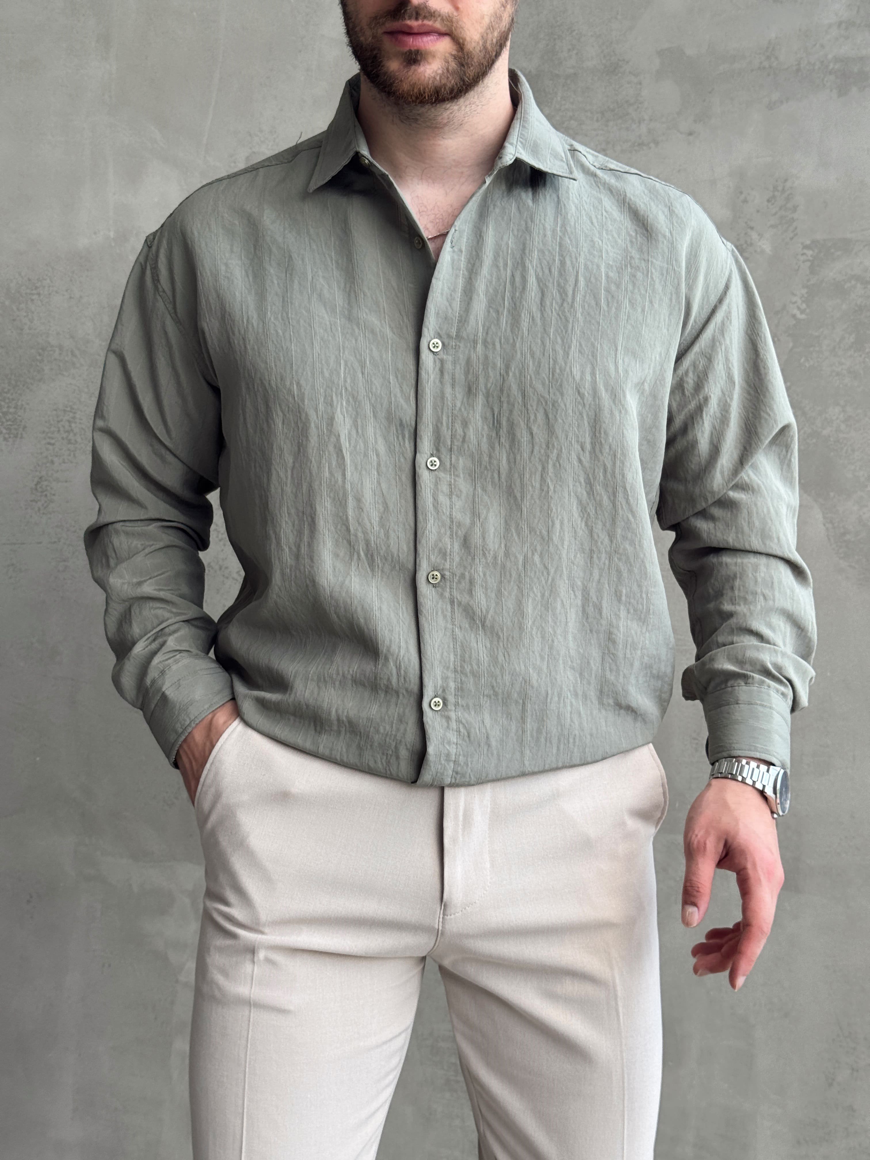 Erkek Trend Model Oversize Kalıp Kendiliğinden Çizgi Detaylı Gömlek-Haki(E1786)Ketench