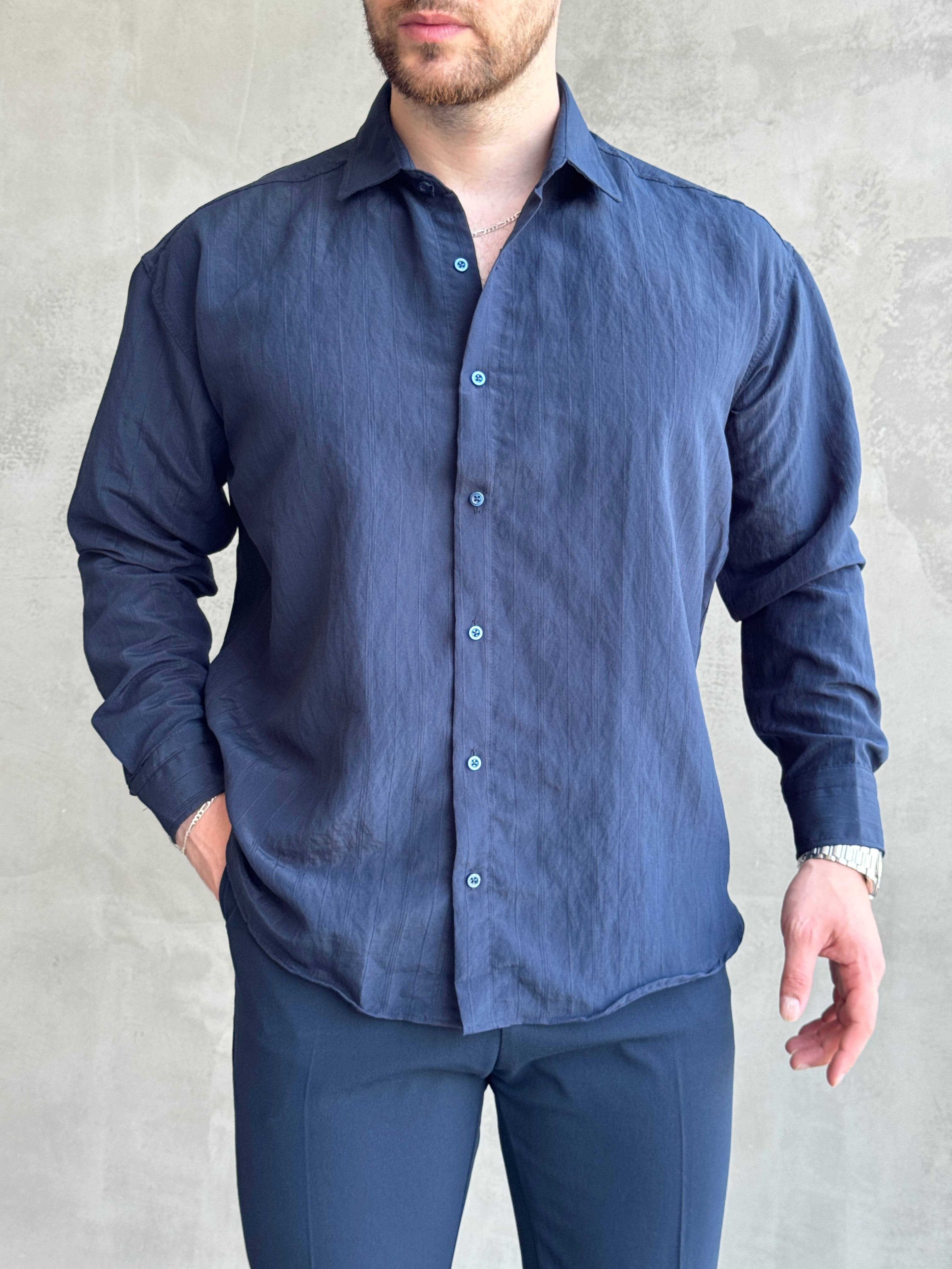Erkek Trend Model Oversize Kalıp Kendiliğinden Çizgi Detaylı Gömlek-Lacivert(E1786)Ketench