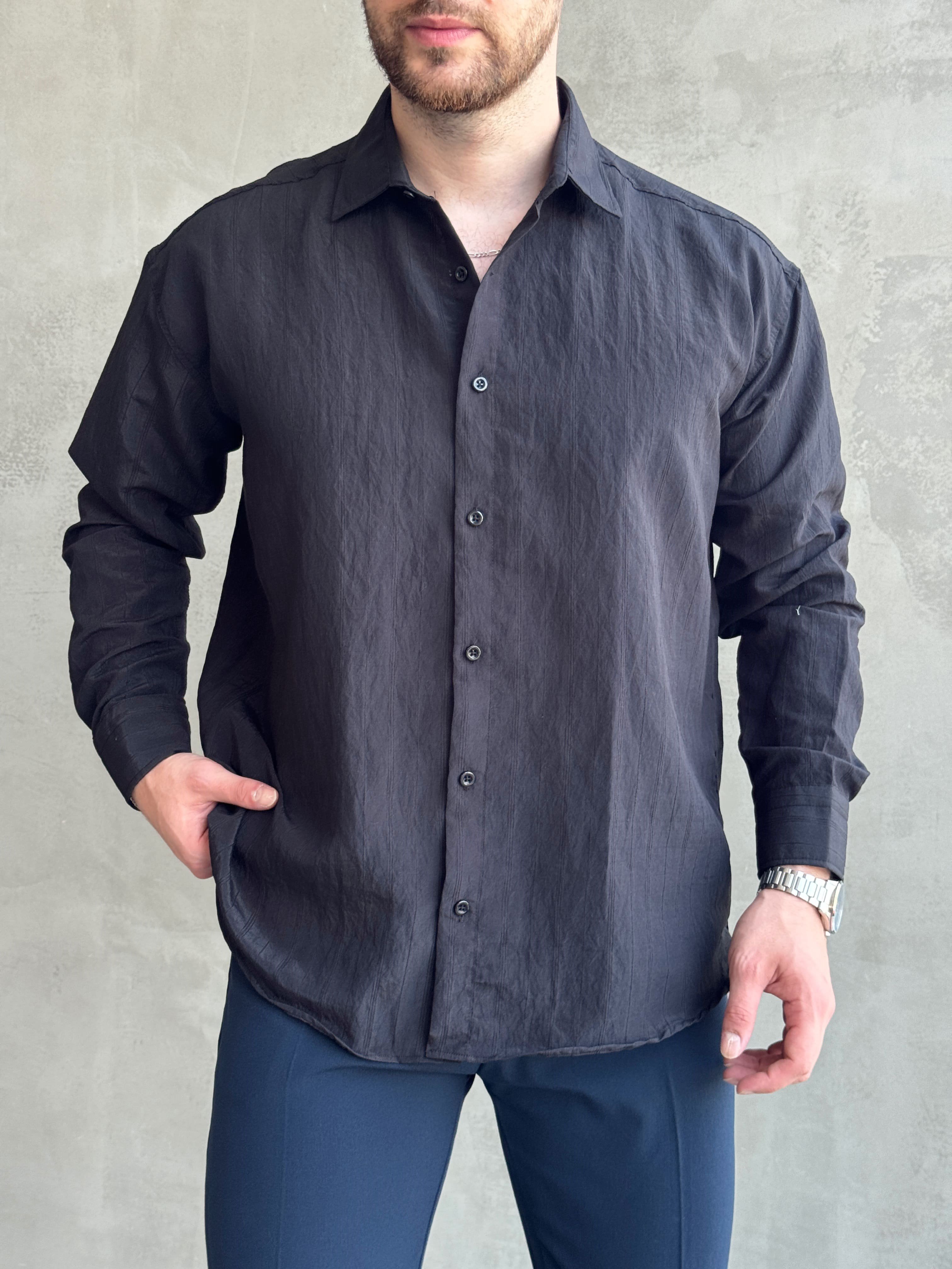 Erkek Trend Model Oversize Kalıp Kendiliğinden Çizgi Detaylı Gömlek-Siyah(E1786)Ketench