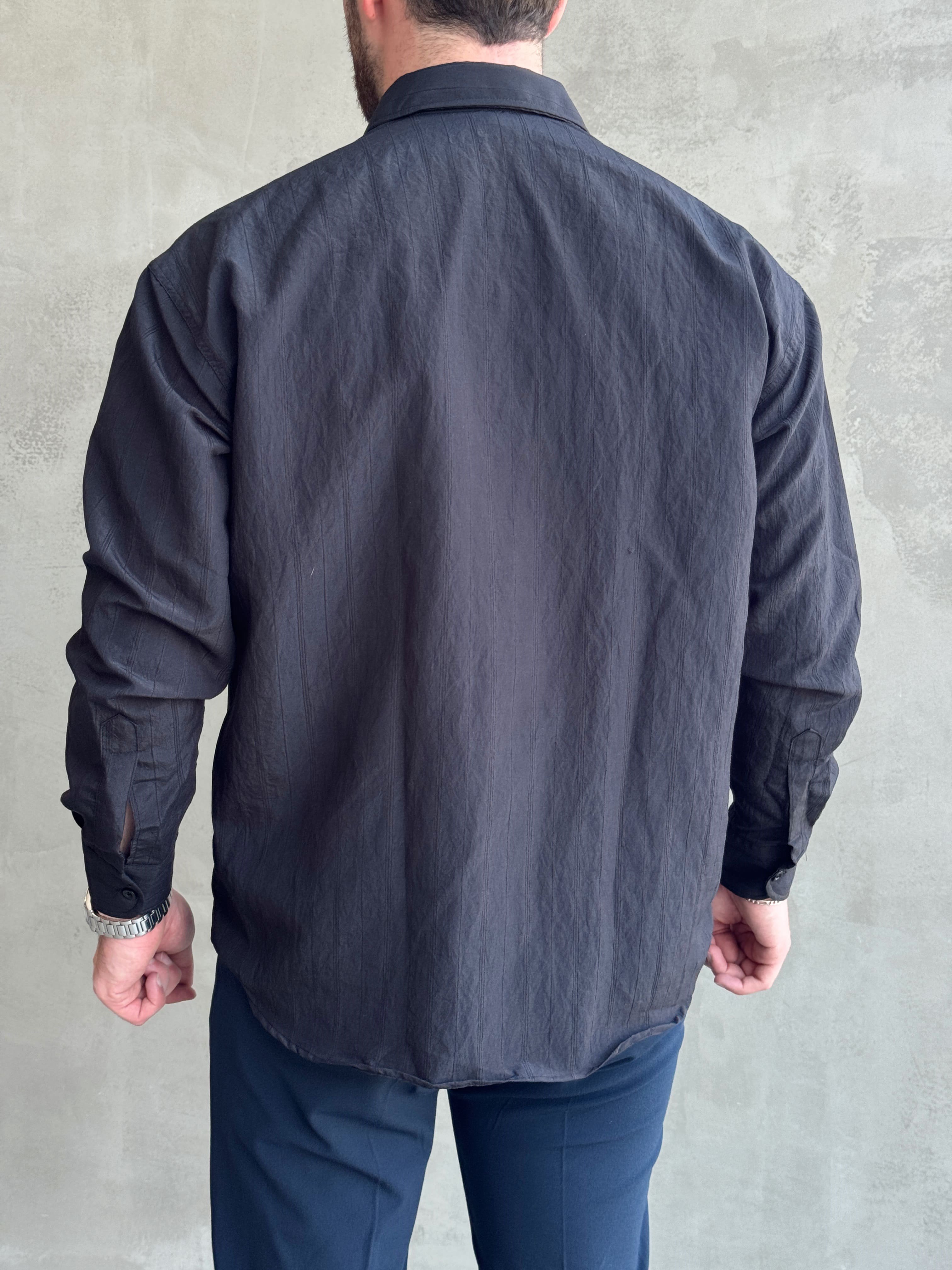 Erkek Trend Model Oversize Kalıp Kendiliğinden Çizgi Detaylı Gömlek-Siyah(E1786)Ketench