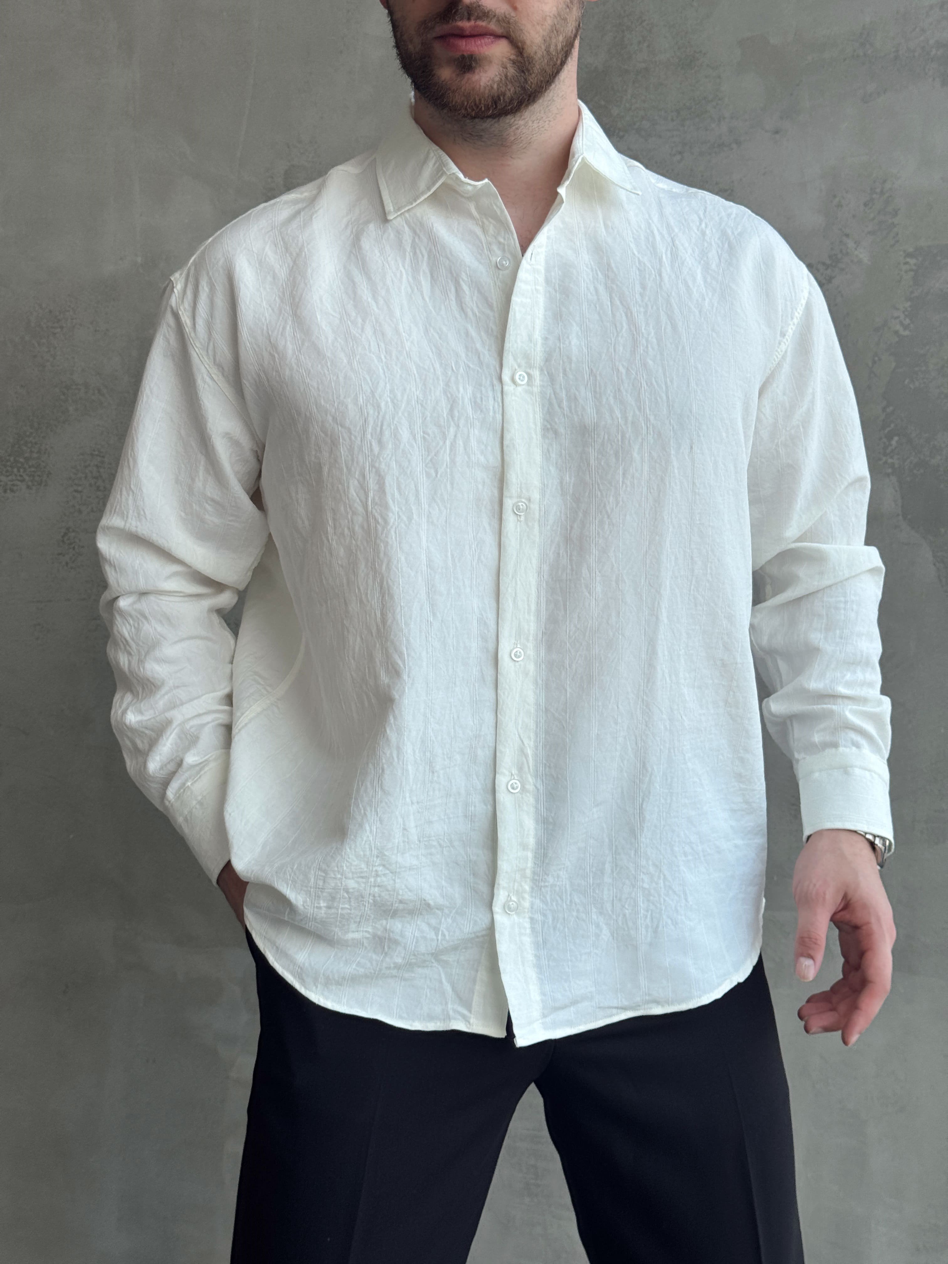 Erkek Trend Model Oversize Kalıp Kendiliğinden Çizgi Detaylı Gömlek-Beyaz(E1786)Ketench