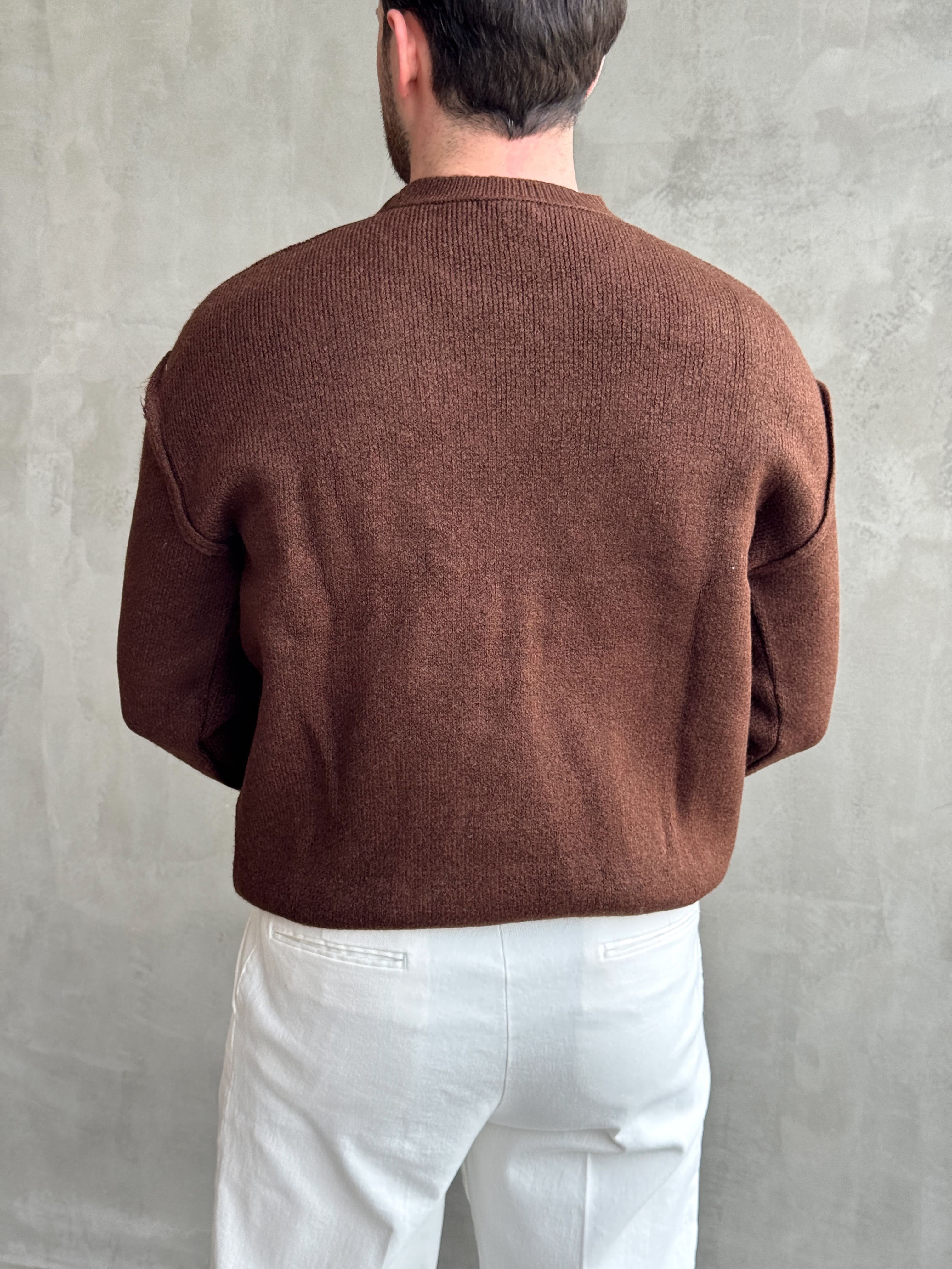 Erkek Trend Model Oversize Kalıp Pis Dikişli Kalp Nakışlı Triko Kazak-Kahverengi(E1851)Ketench