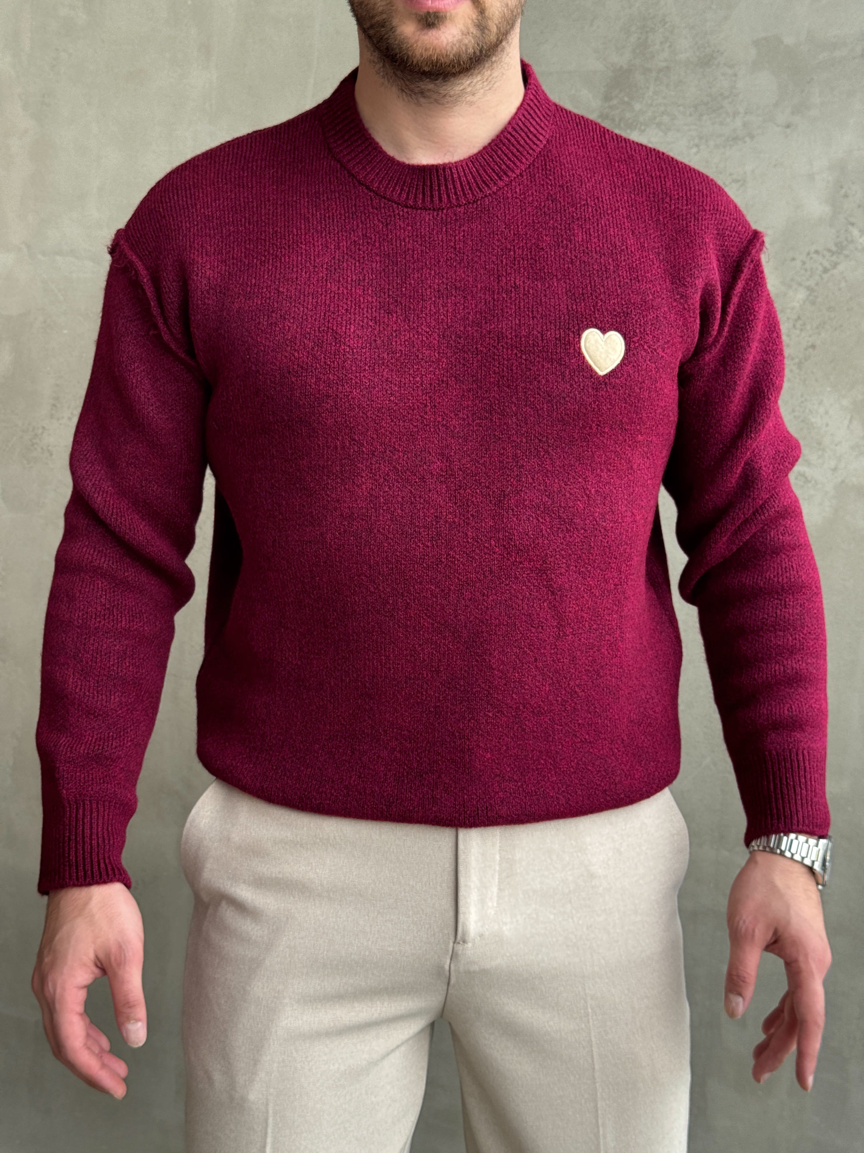 Erkek Trend Model Oversize Kalıp Pis Dikişli Kalp Nakışlı Triko Kazak-Bordo(E1851)Ketench