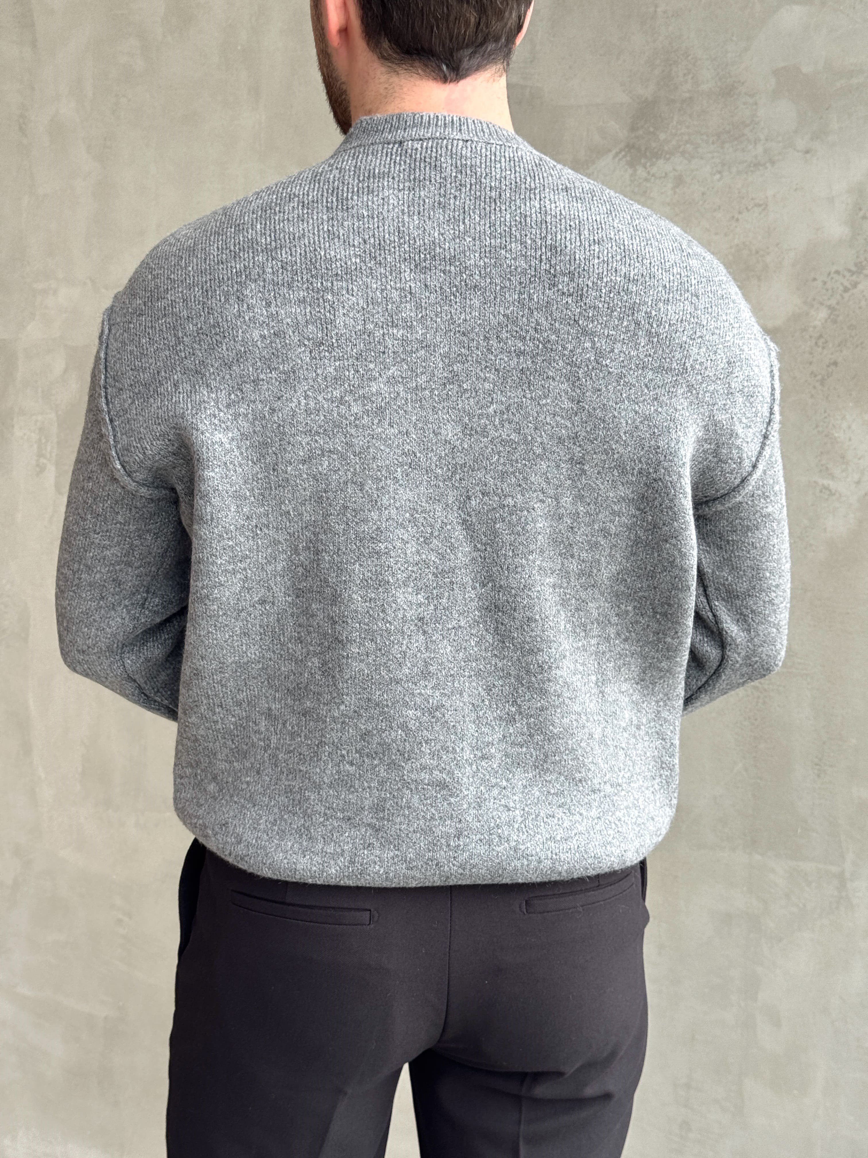 Erkek Trend Model Oversize Kalıp Pis Dikişli Kalp Nakışlı Triko Kazak-Antrasit(E1851)Ketench