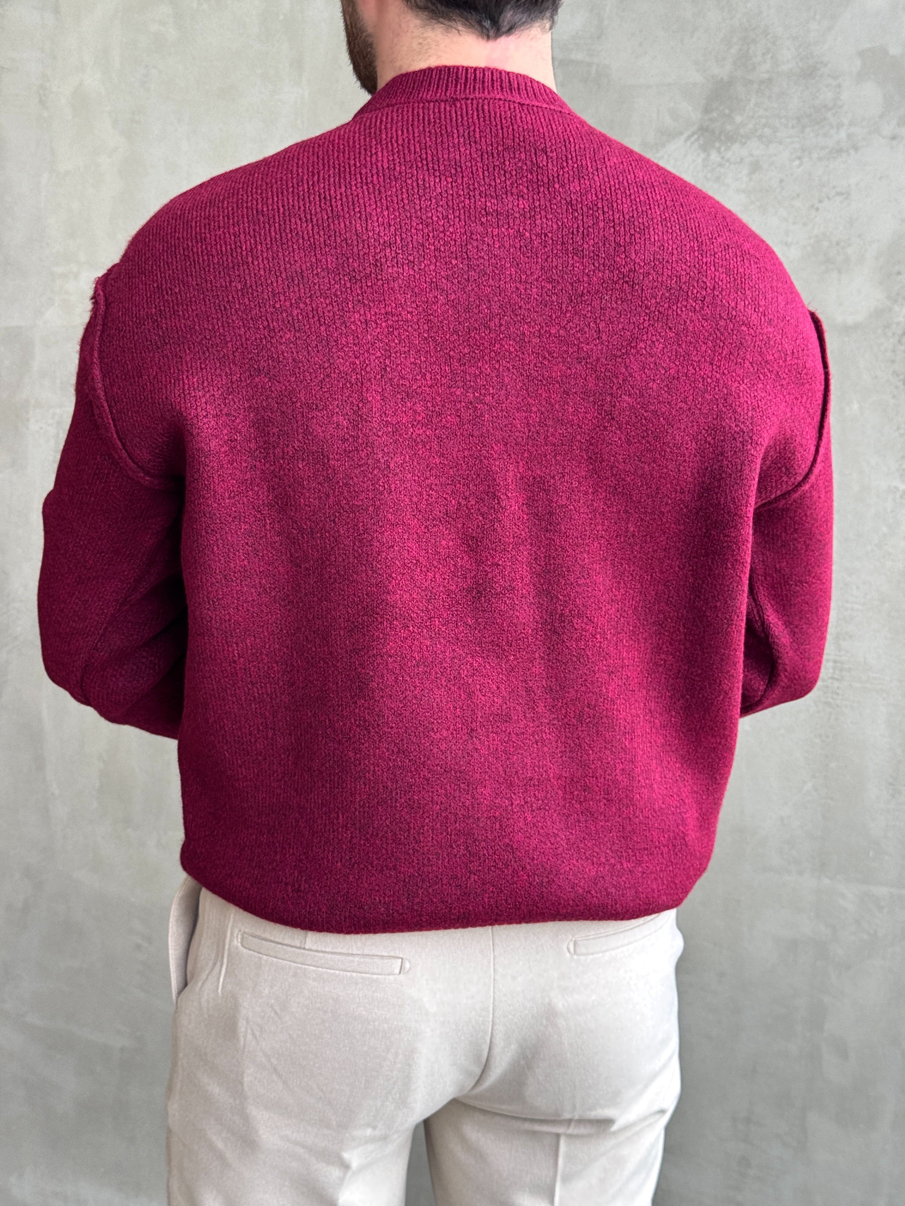Erkek Trend Model Oversize Kalıp Pis Dikişli Kalp Nakışlı Triko Kazak-Bordo(E1851)Ketench