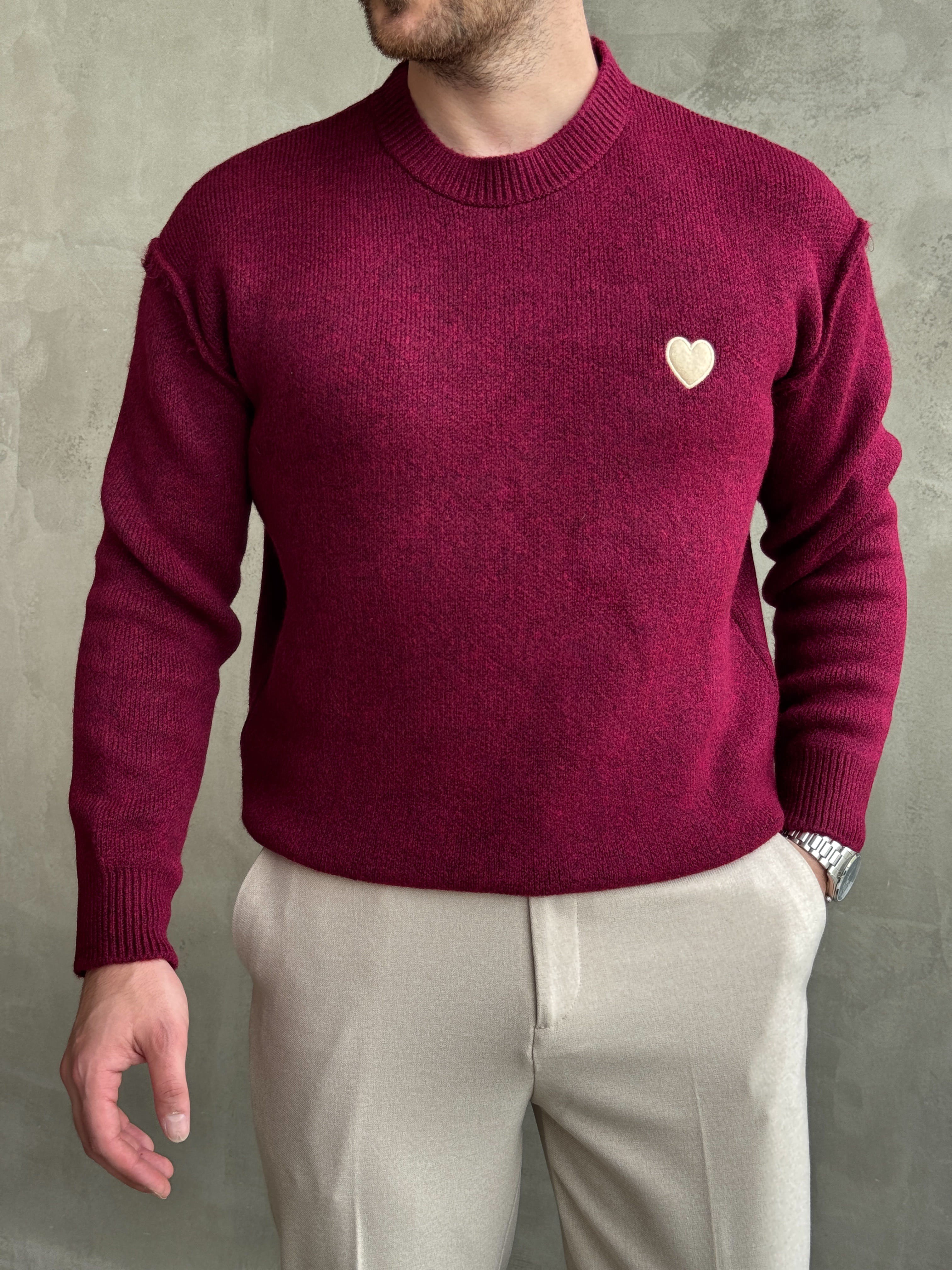 Erkek Trend Model Oversize Kalıp Pis Dikişli Kalp Nakışlı Triko Kazak-Bordo(E1851)Ketench