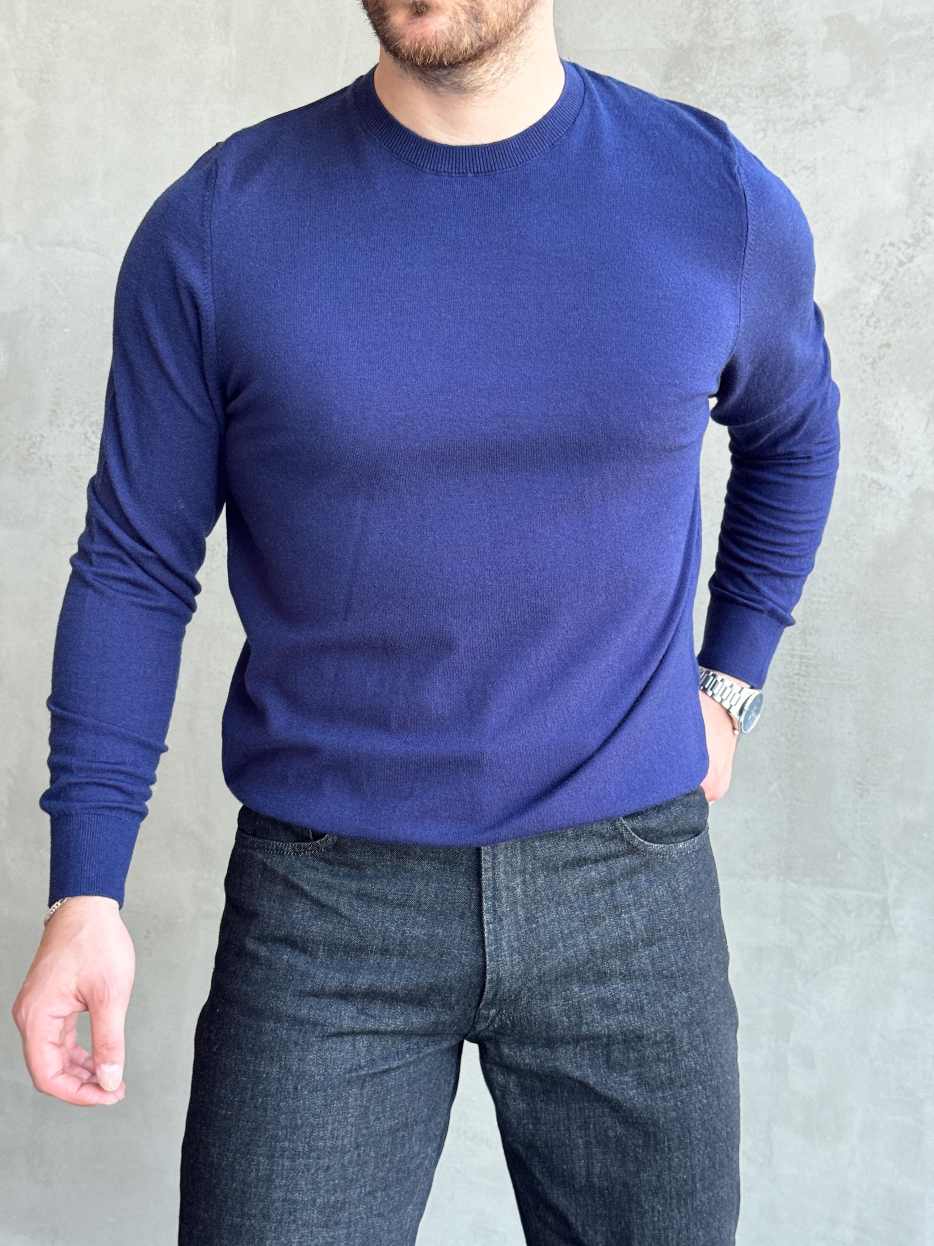 Erkek Trend Model Regular Fit Bisiklet Yaka Ribana Detay İnce Triko Kazak-Lacivert(E1808)Ketench