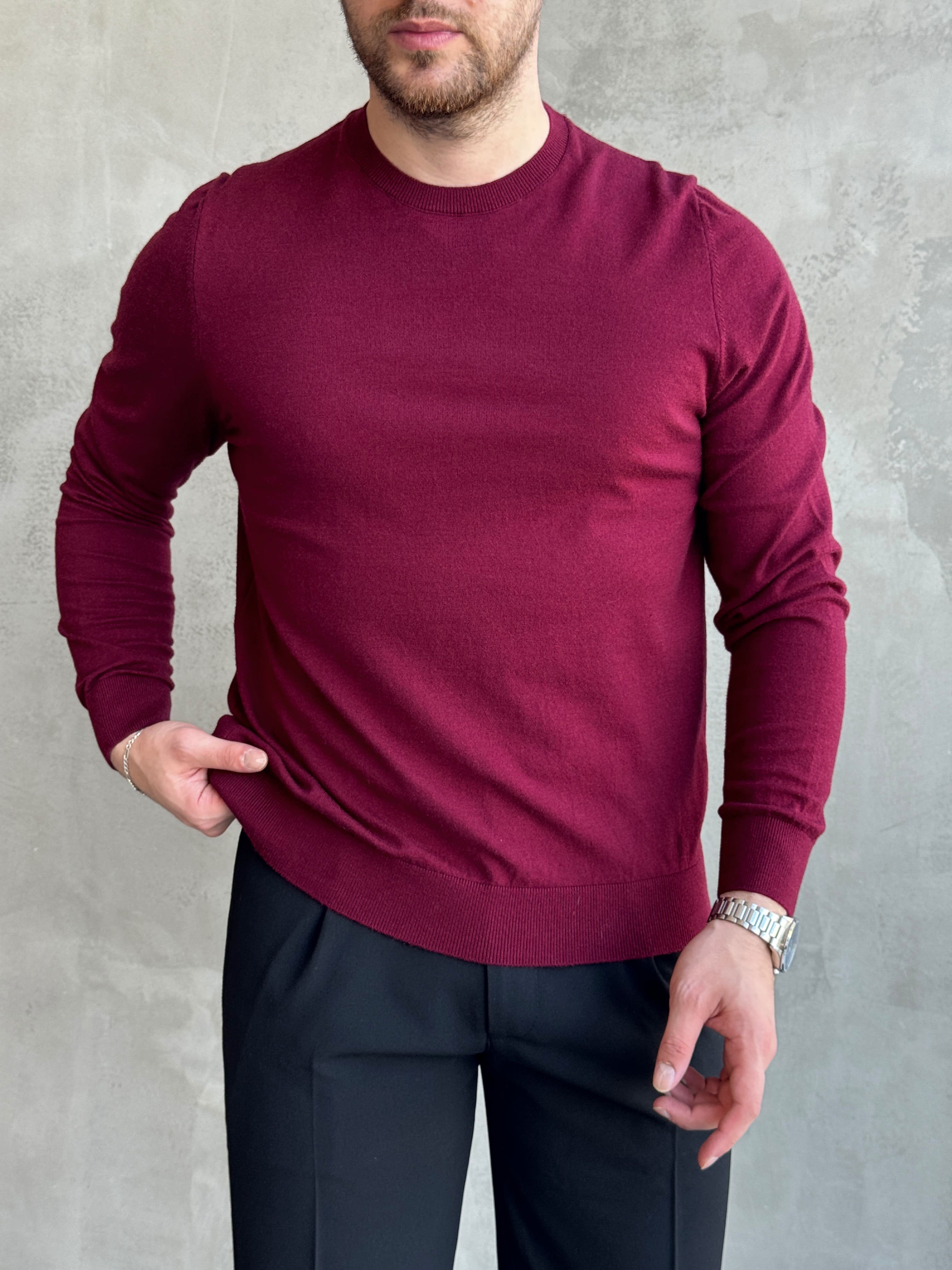 Erkek Trend Model Regular Fit Bisiklet Yaka Ribana Detay İnce Triko Kazak-Bordo(E1808)Ketench