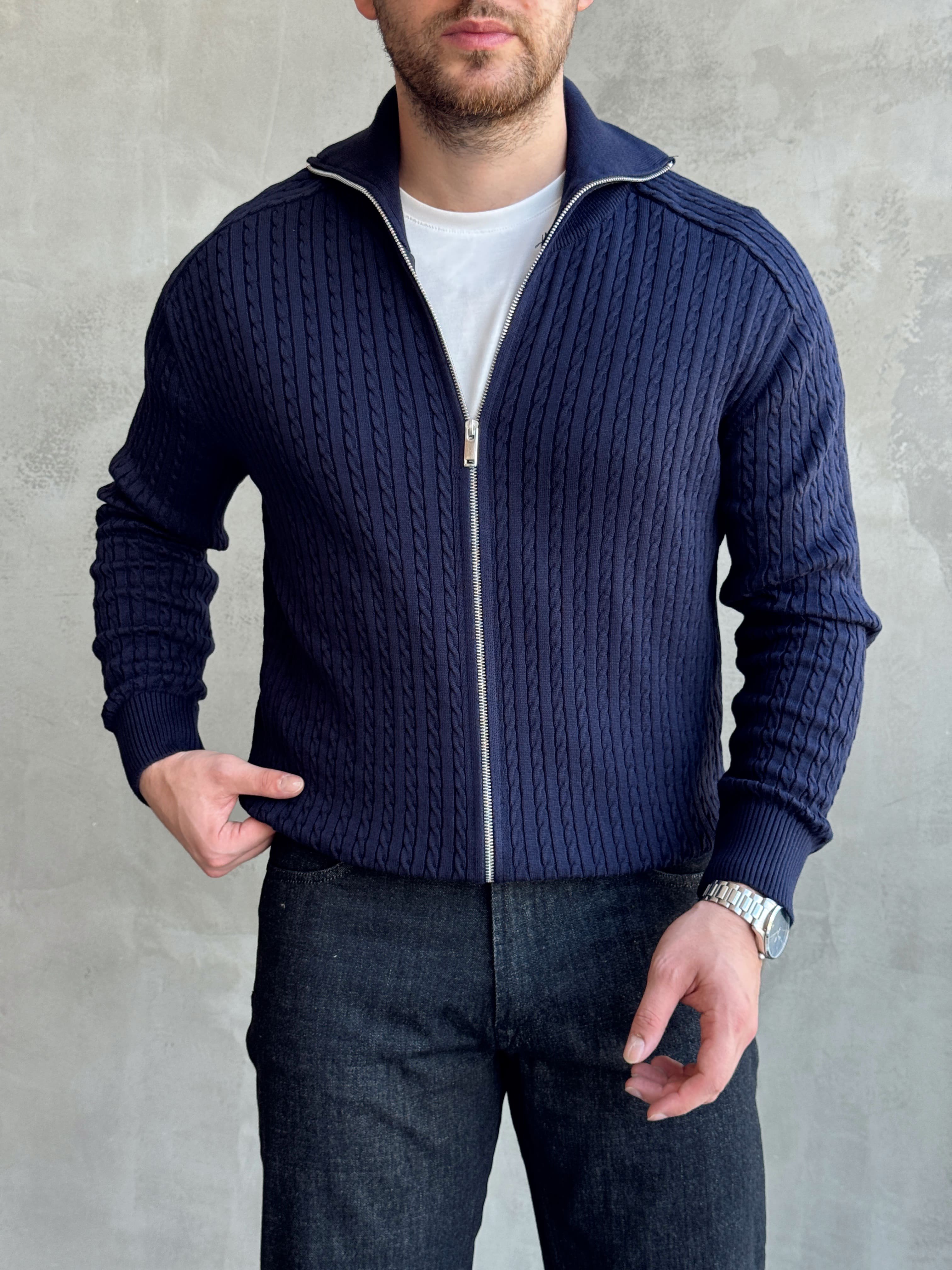 Erkek Trend Model Regular Fit Halat Desenli Ribana Detaylı Triko Hırka-Lacivert(E1809)Ketench