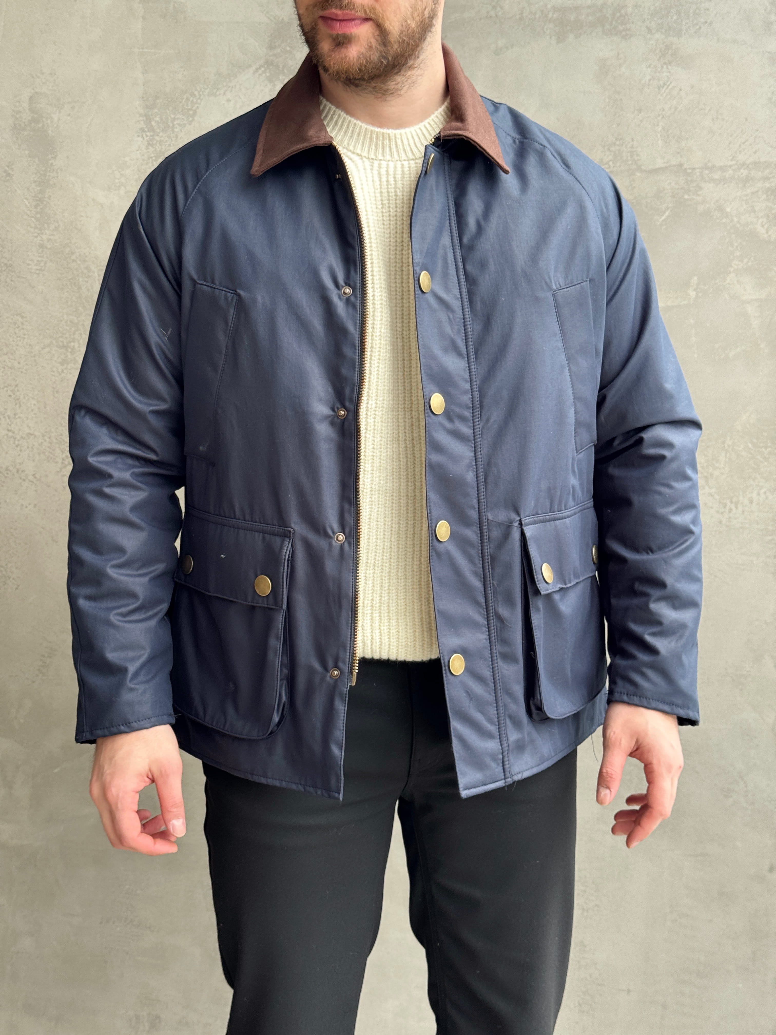 Erkek Trend Model Regular Fit Kadife Yaka Torba Cepli Dokuma Kumaş Ceket-Lacivert(E1811)Ketench