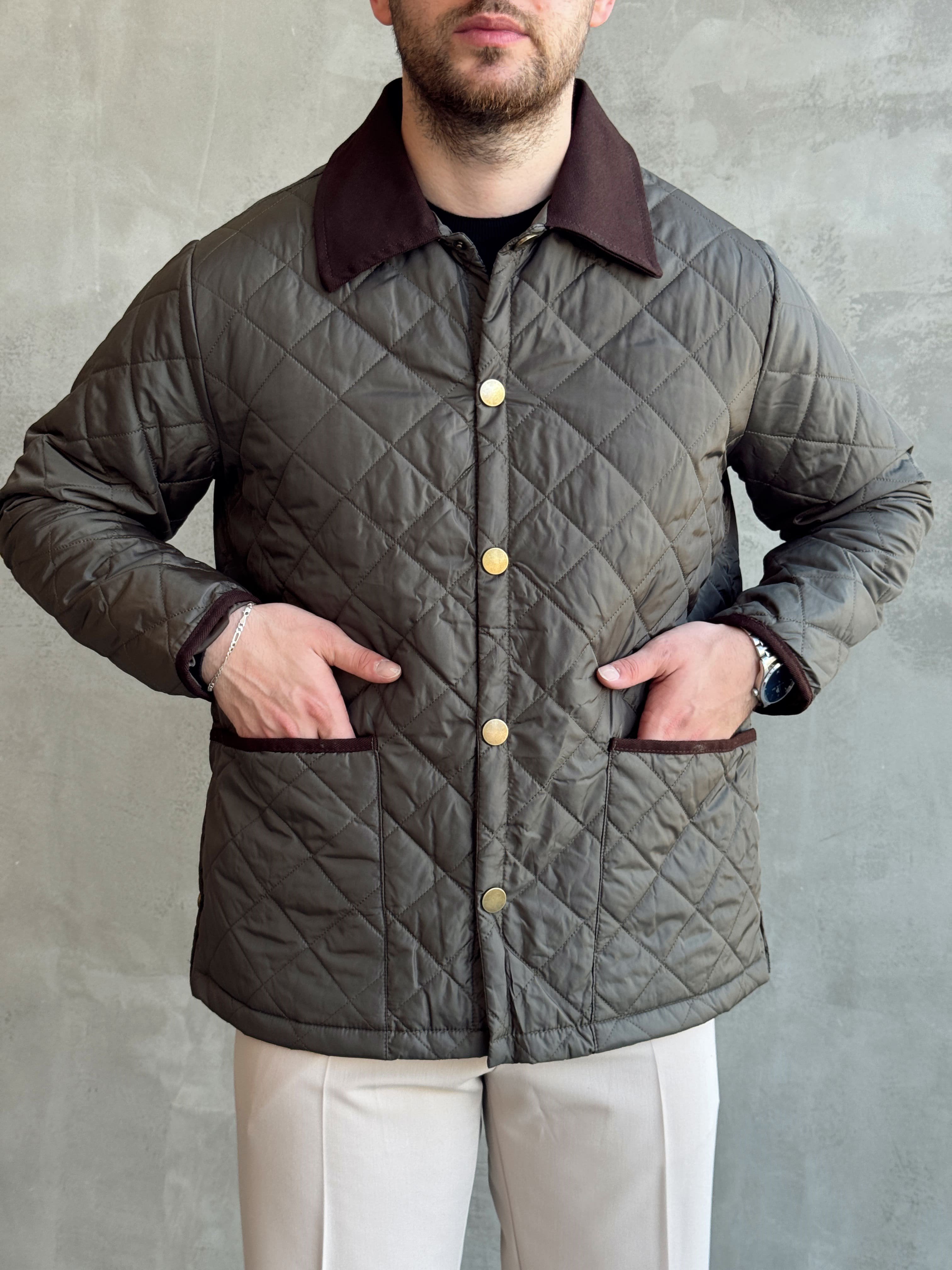 Erkek Trend Model Regular Fit Kadife Yaka Baklava Desenli Ceket-Haki(E1810)Ketench