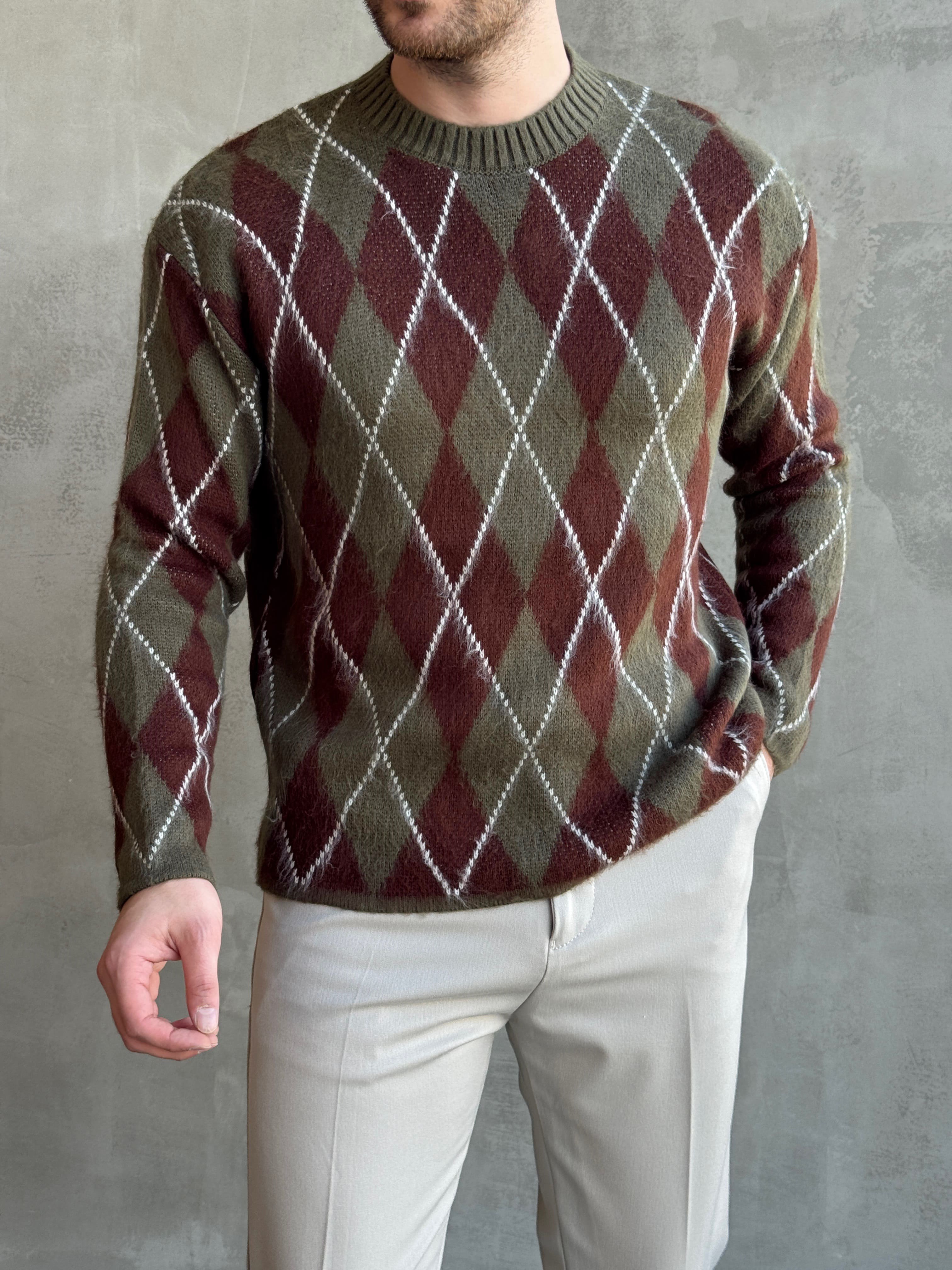 Erkek Trend Model Regular Kalıp Baklava Desenli Bisiklet Yaka Yün Triko Kazak-Haki(E1872)Ketench