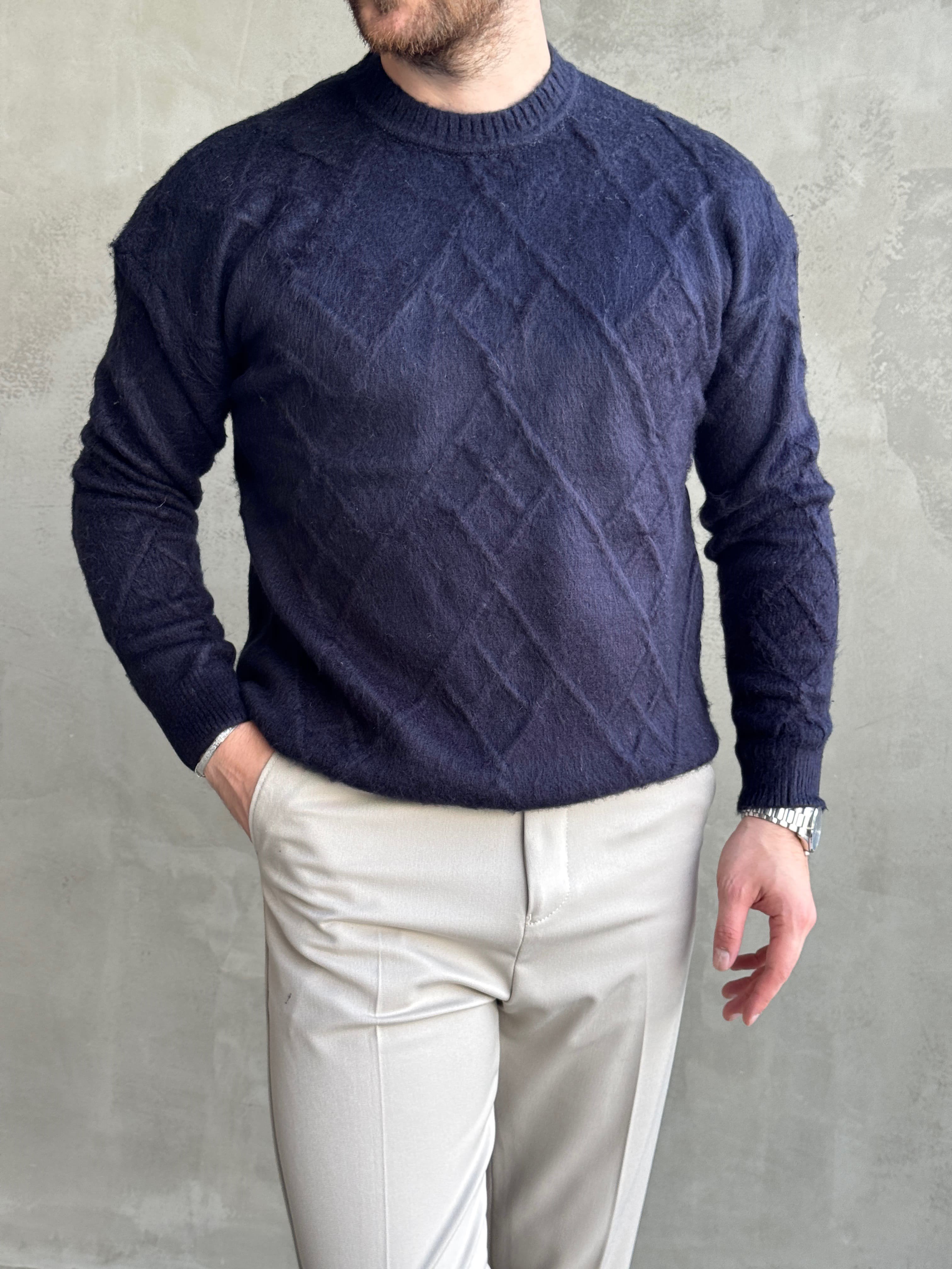 Erkek Trend Model Regular Kalıp Bisiklet Yaka Desenli Triko Kazak-Lacivert(E1866)Ketench