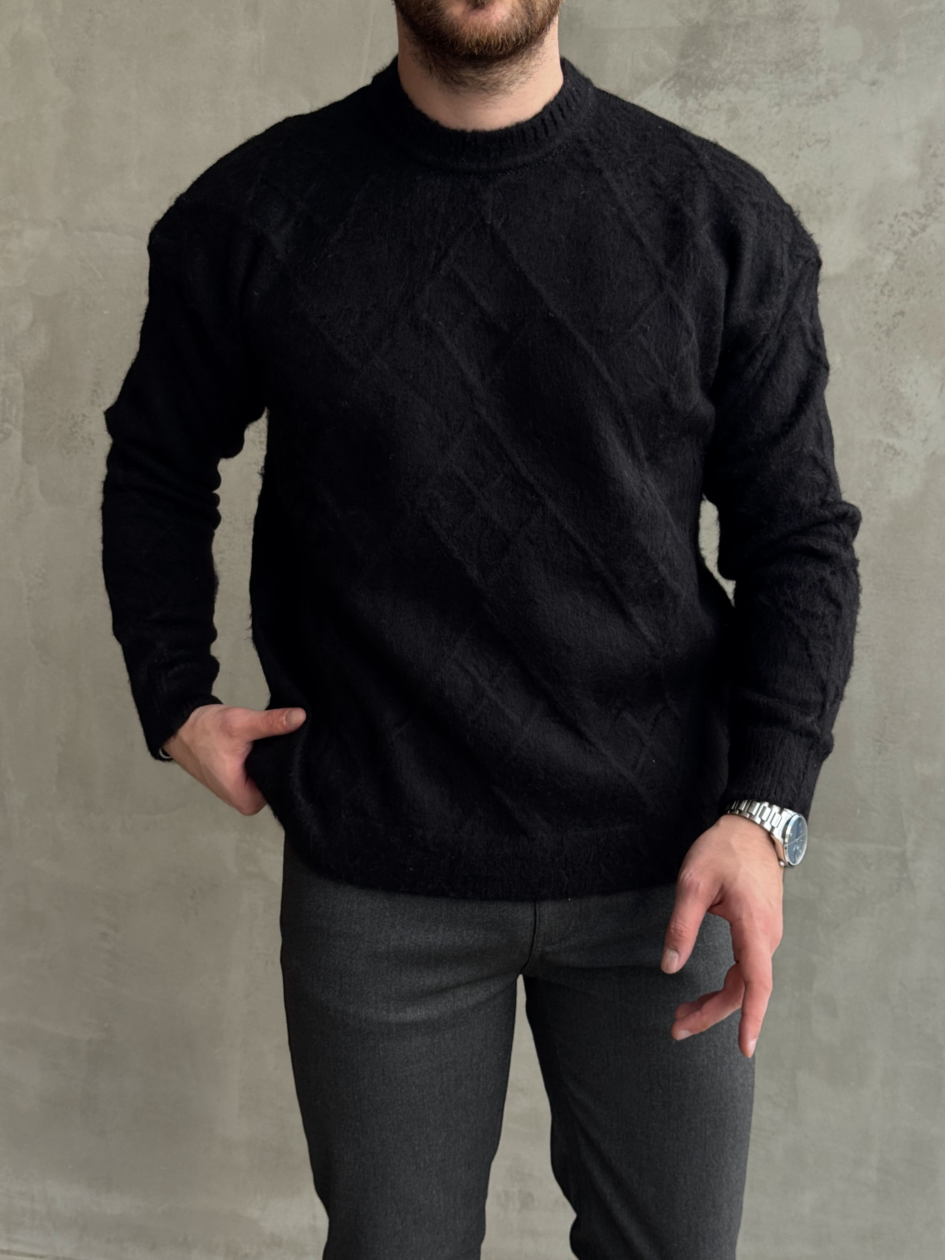 Erkek Trend Model Regular Kalıp Bisiklet Yaka Desenli Triko Kazak-Siyah(E1866)Ketench