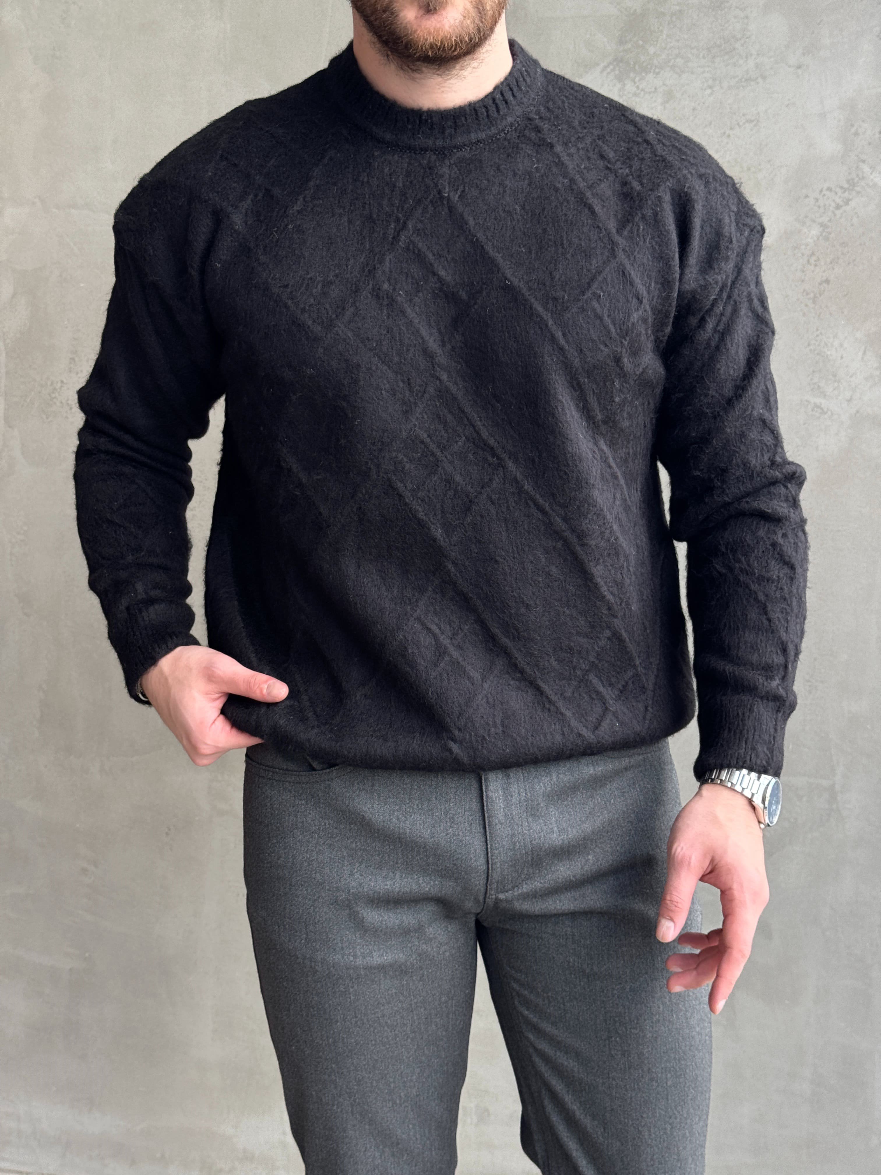 Erkek Trend Model Regular Kalıp Bisiklet Yaka Desenli Triko Kazak-Siyah(E1866)Ketench
