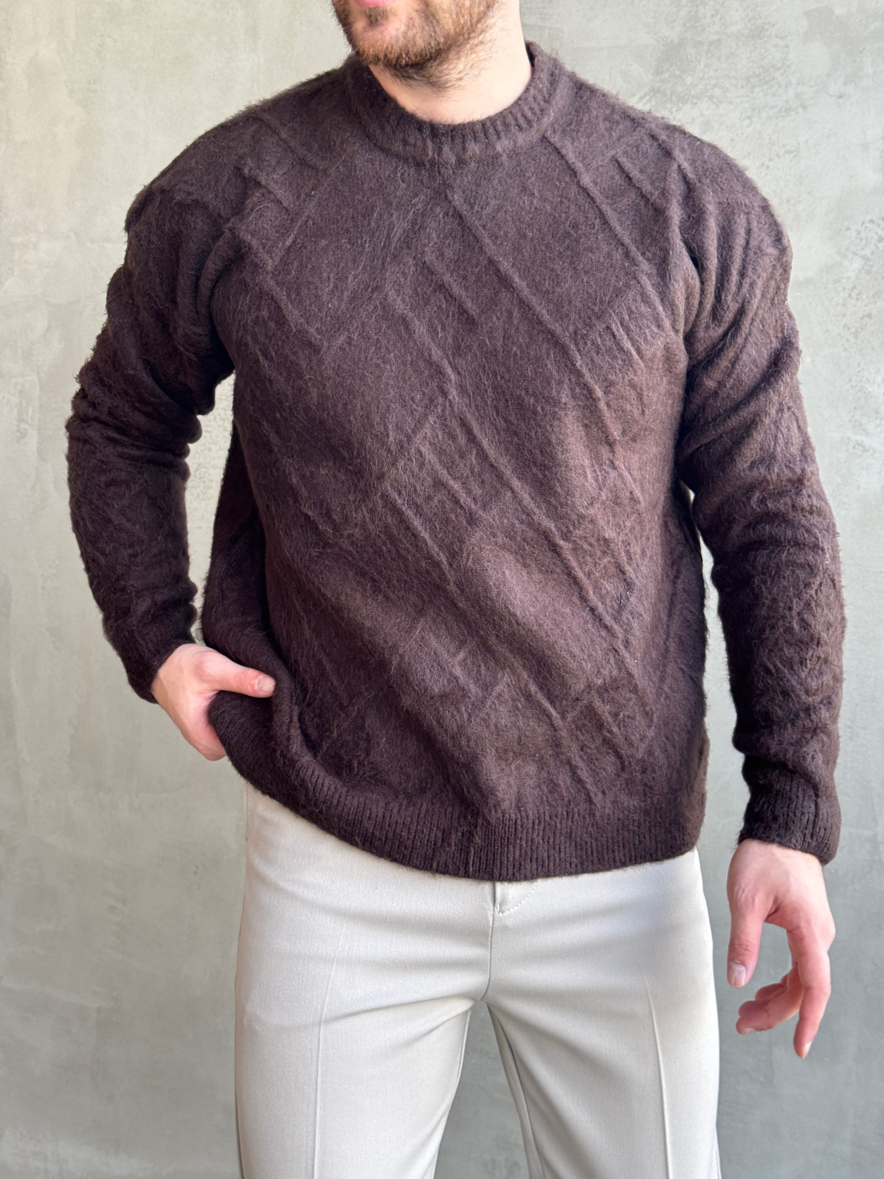 Erkek Trend Model Regular Kalıp Bisiklet Yaka Desenli Triko Kazak-Kahverengi(E1866)Ketench