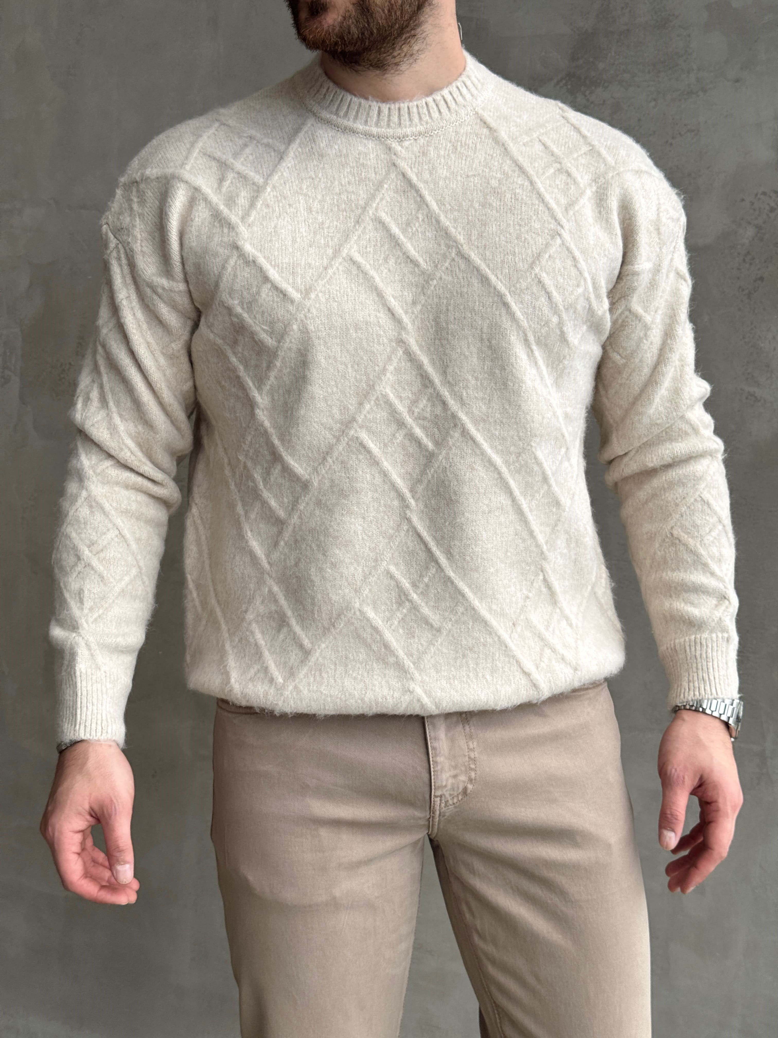 Erkek Trend Model Regular Kalıp Bisiklet Yaka Desenli Triko Kazak-Taş(E1866)Ketench