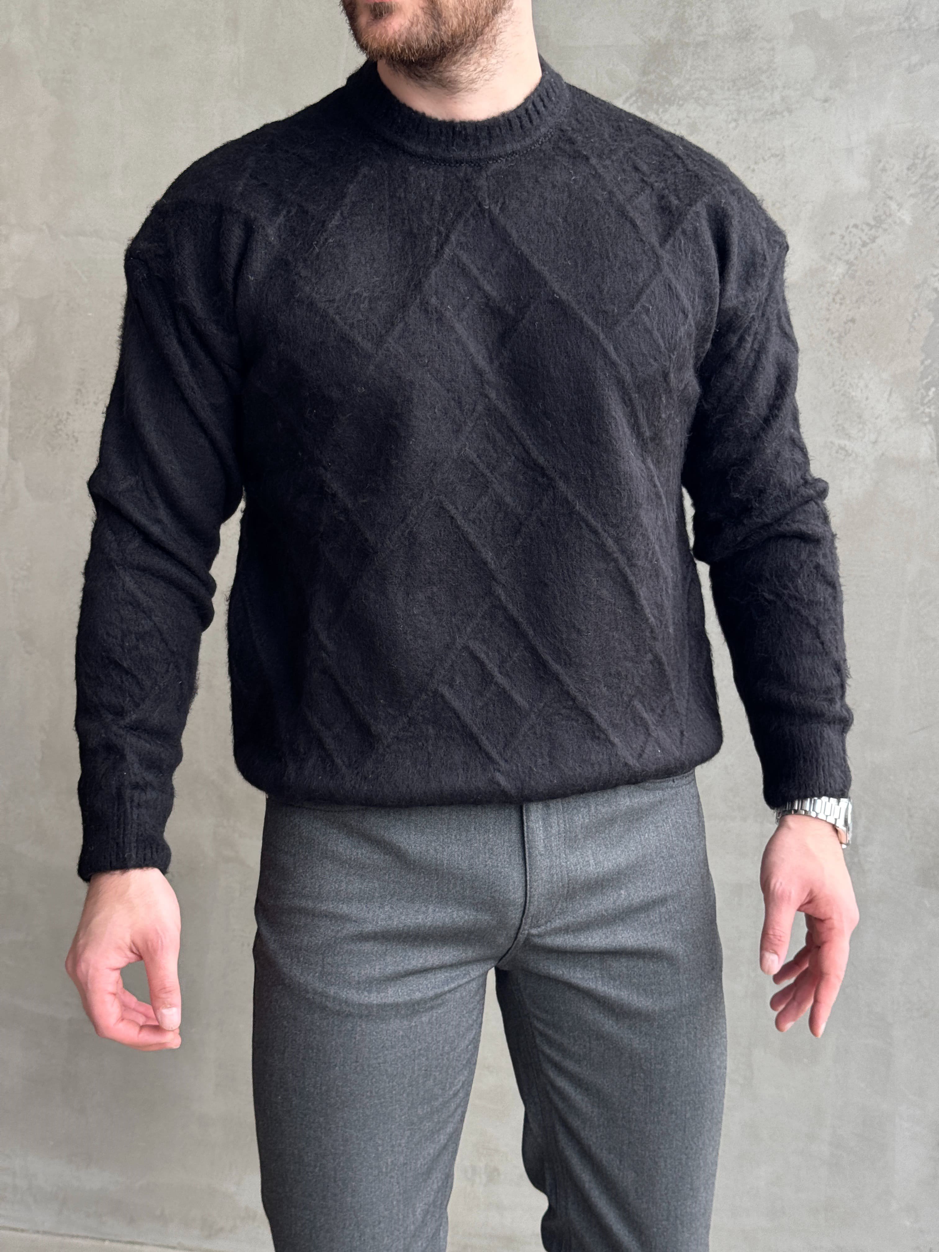 Erkek Trend Model Regular Kalıp Bisiklet Yaka Desenli Triko Kazak-Siyah(E1866)Ketench
