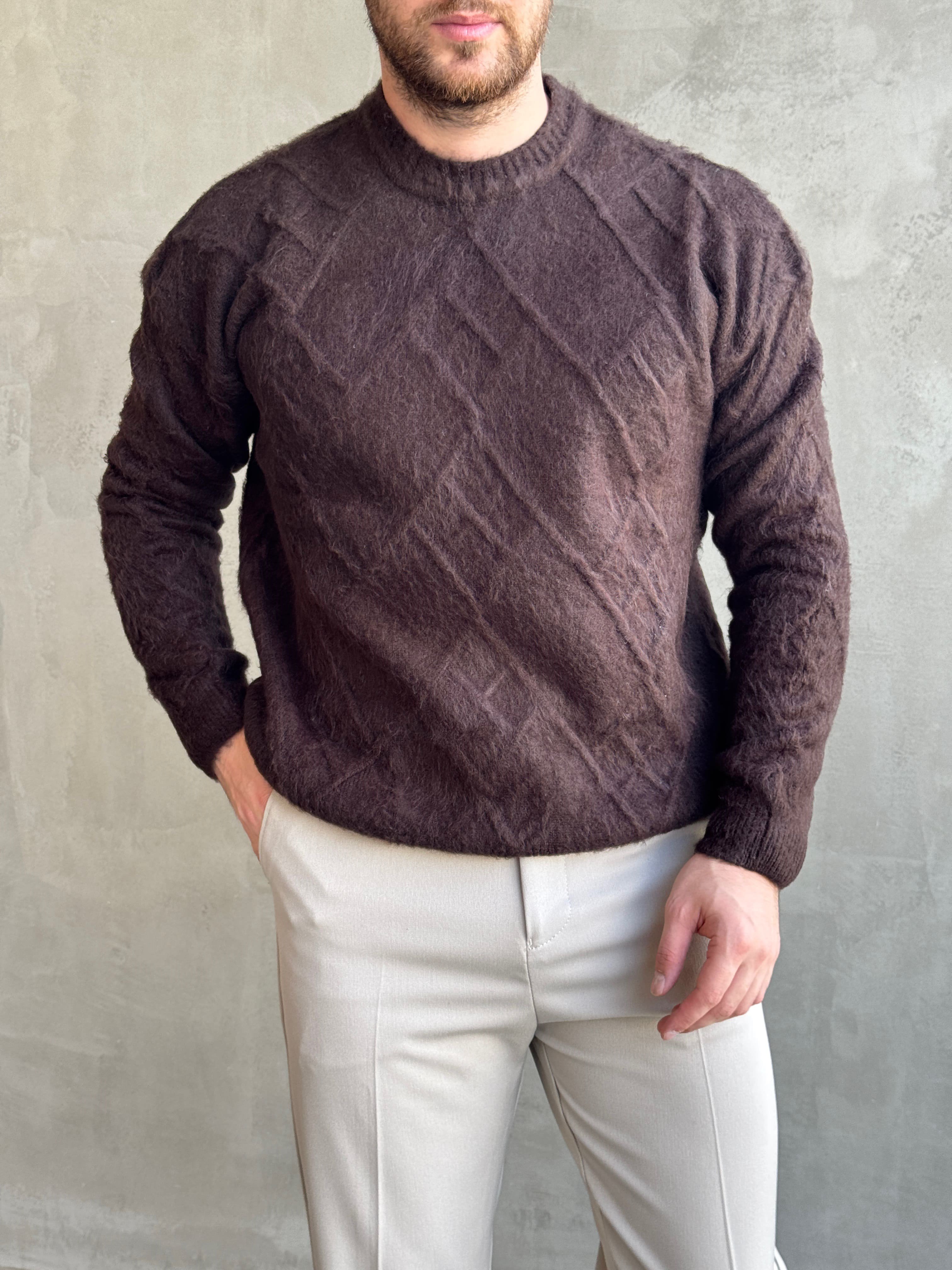 Erkek Trend Model Regular Kalıp Bisiklet Yaka Desenli Triko Kazak-Kahverengi(E1866)Ketench