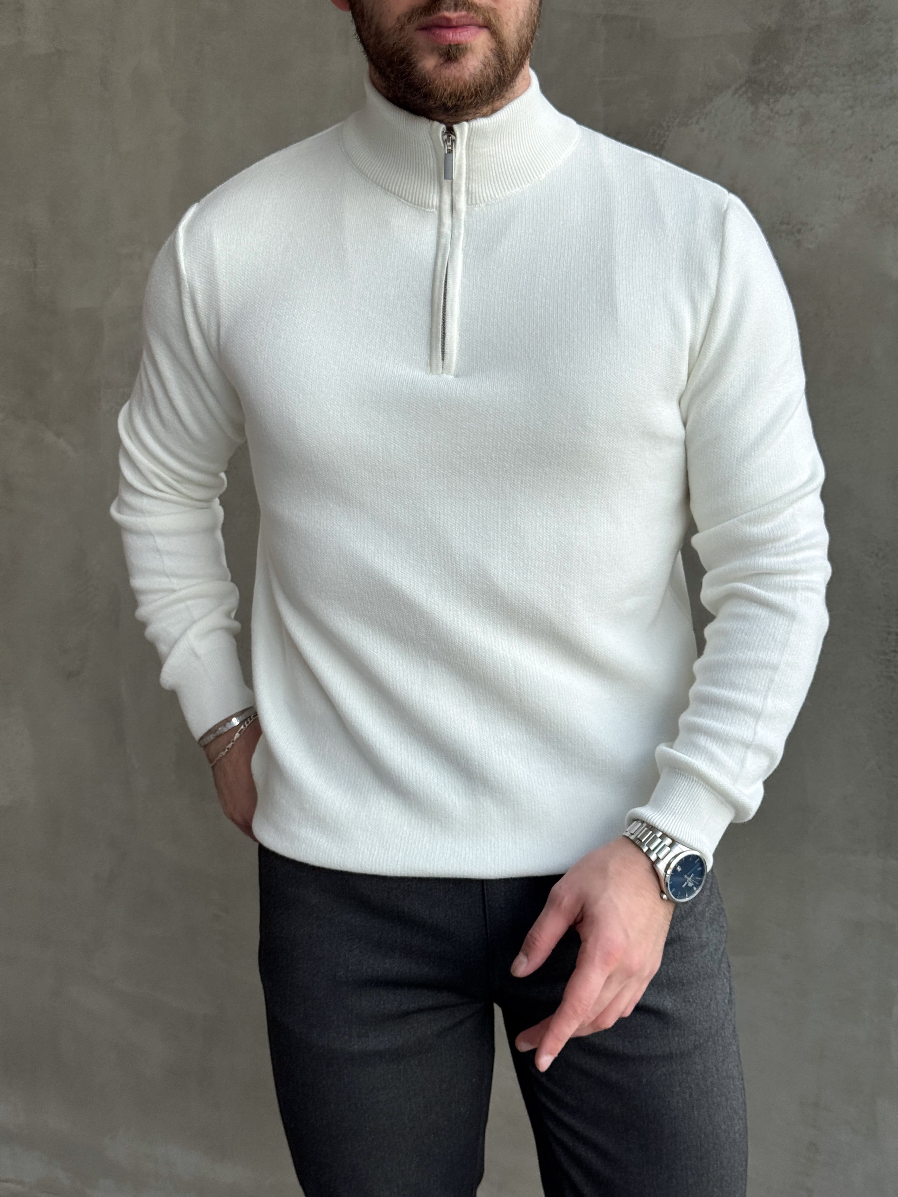 Erkek Trend Model Regular Kalıp Dik Yaka Yarım Fermuarlı Triko Kazak-Beyaz(E1864)Ketench