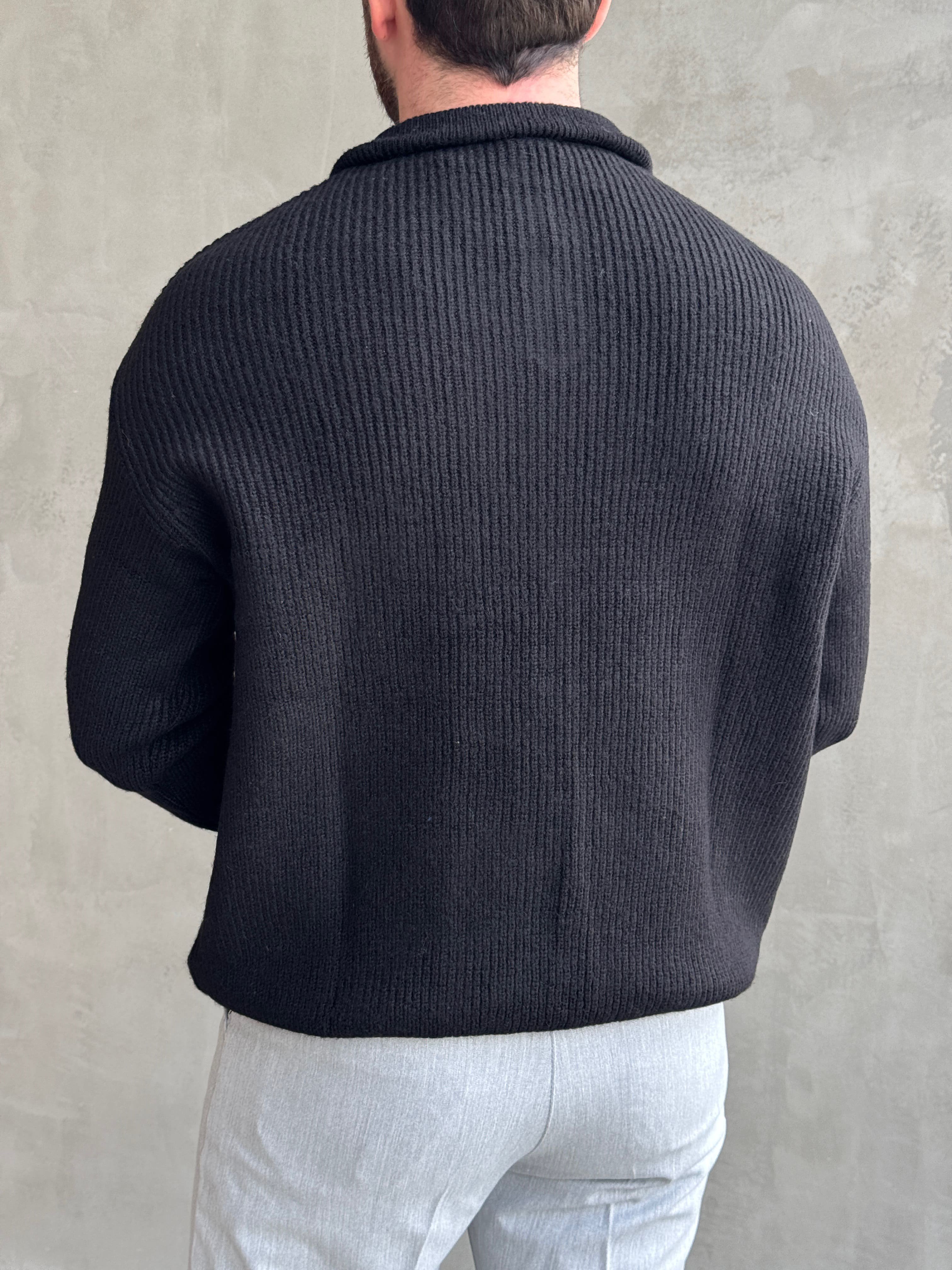 Erkek Trend Model Regular Kalıp Dik Yaka Yarım Fermuarlı Brazilian Örme Triko Kazak-Siyah(E1865)Ketench