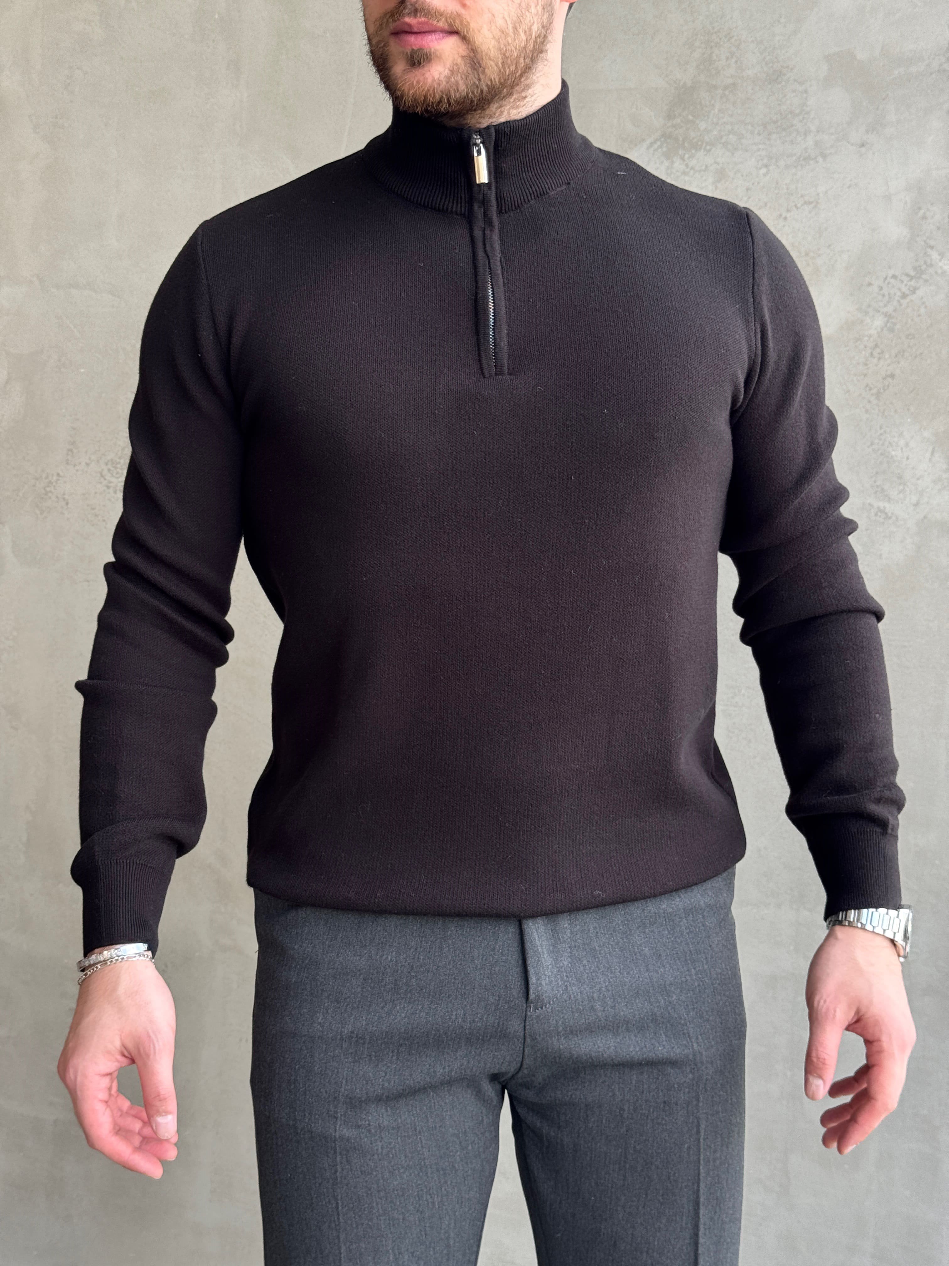 Erkek Trend Model Regular Kalıp Dik Yaka Yarım Fermuarlı Triko Kazak-Siyah(E1864)Ketench