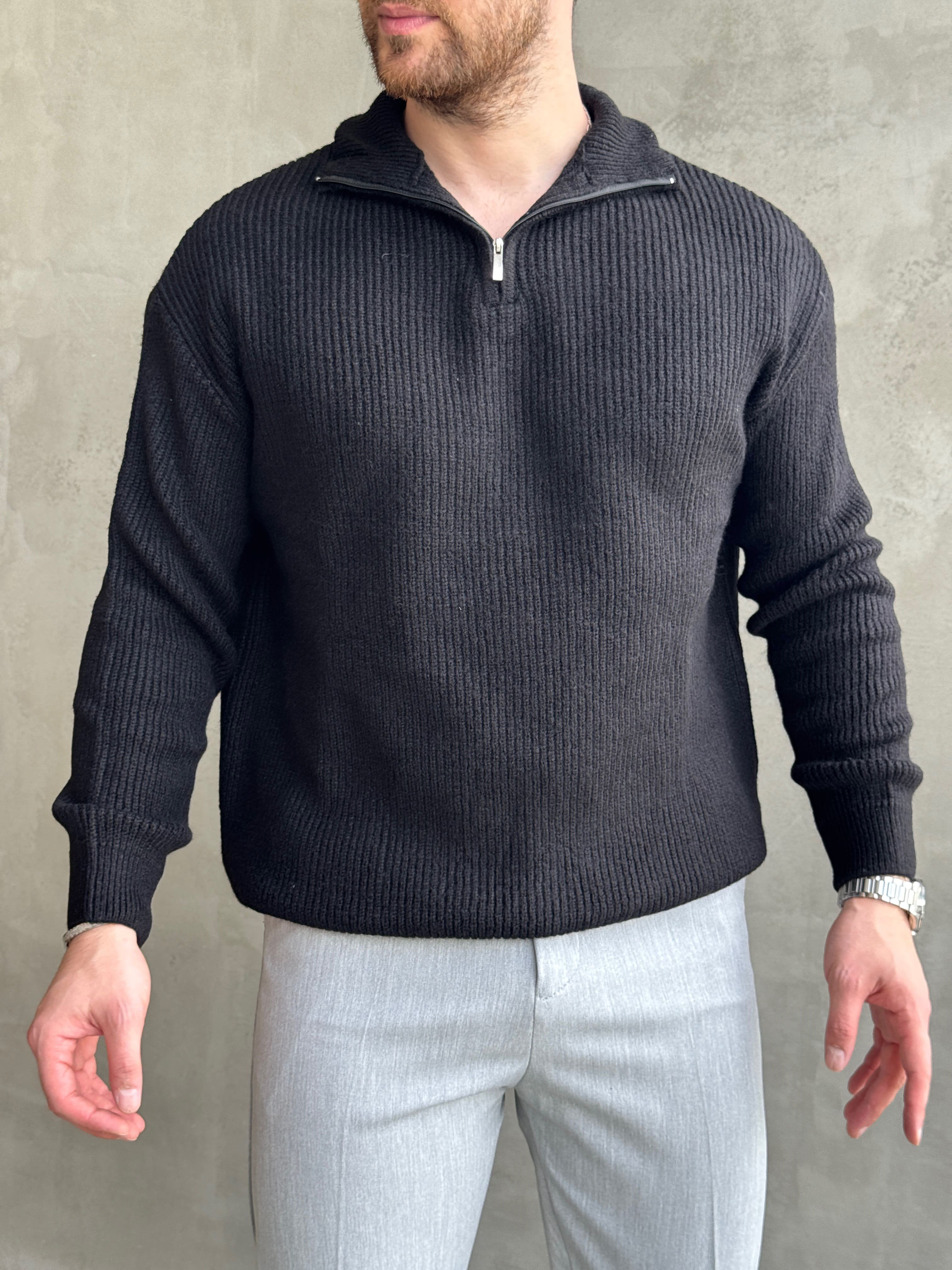 Erkek Trend Model Regular Kalıp Dik Yaka Yarım Fermuarlı Brazilian Örme Triko Kazak-Siyah(E1865)Ketench