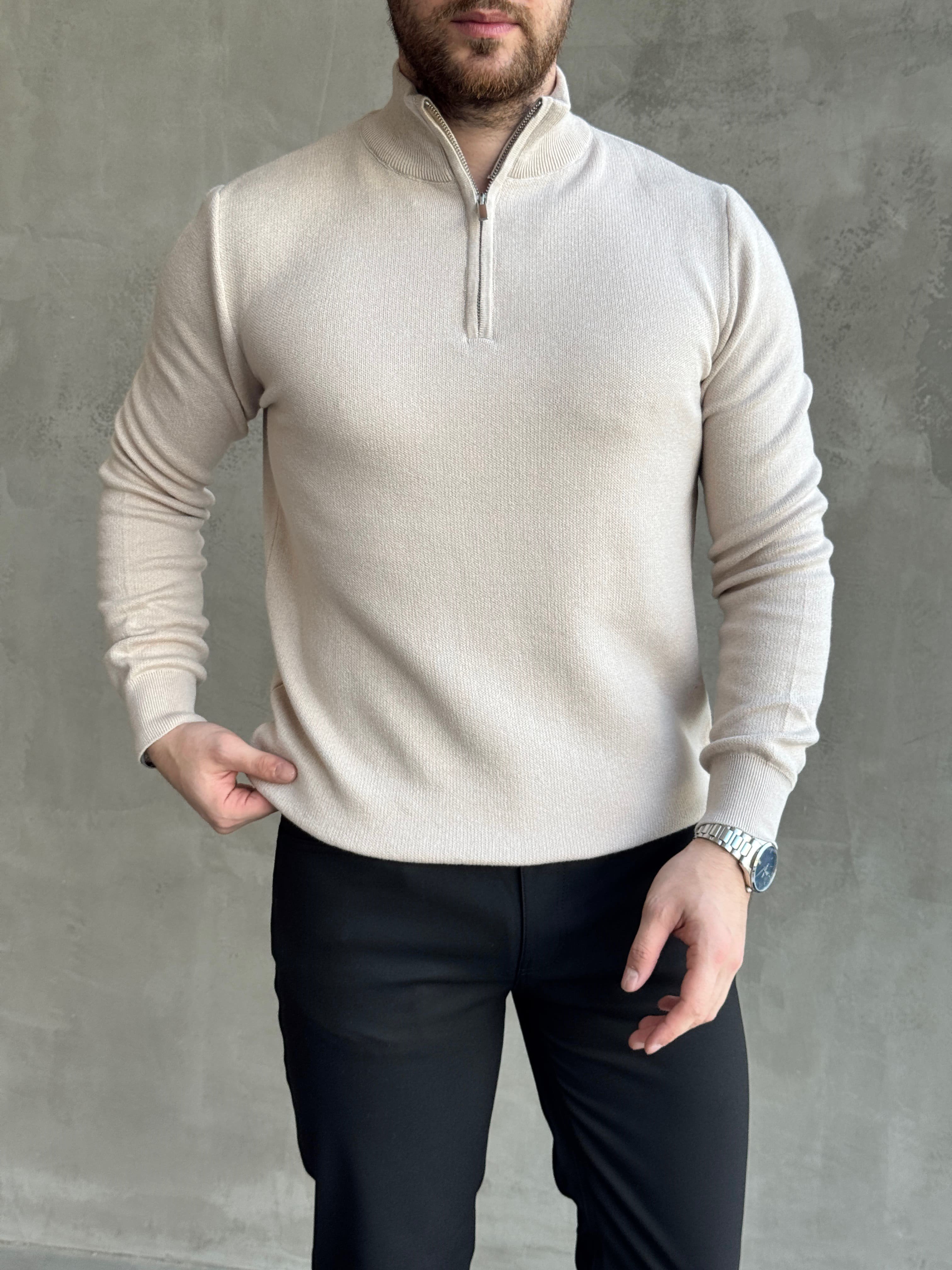 Erkek Trend Model Regular Kalıp Dik Yaka Yarım Fermuarlı Triko Kazak-Taş(E1864)Ketench