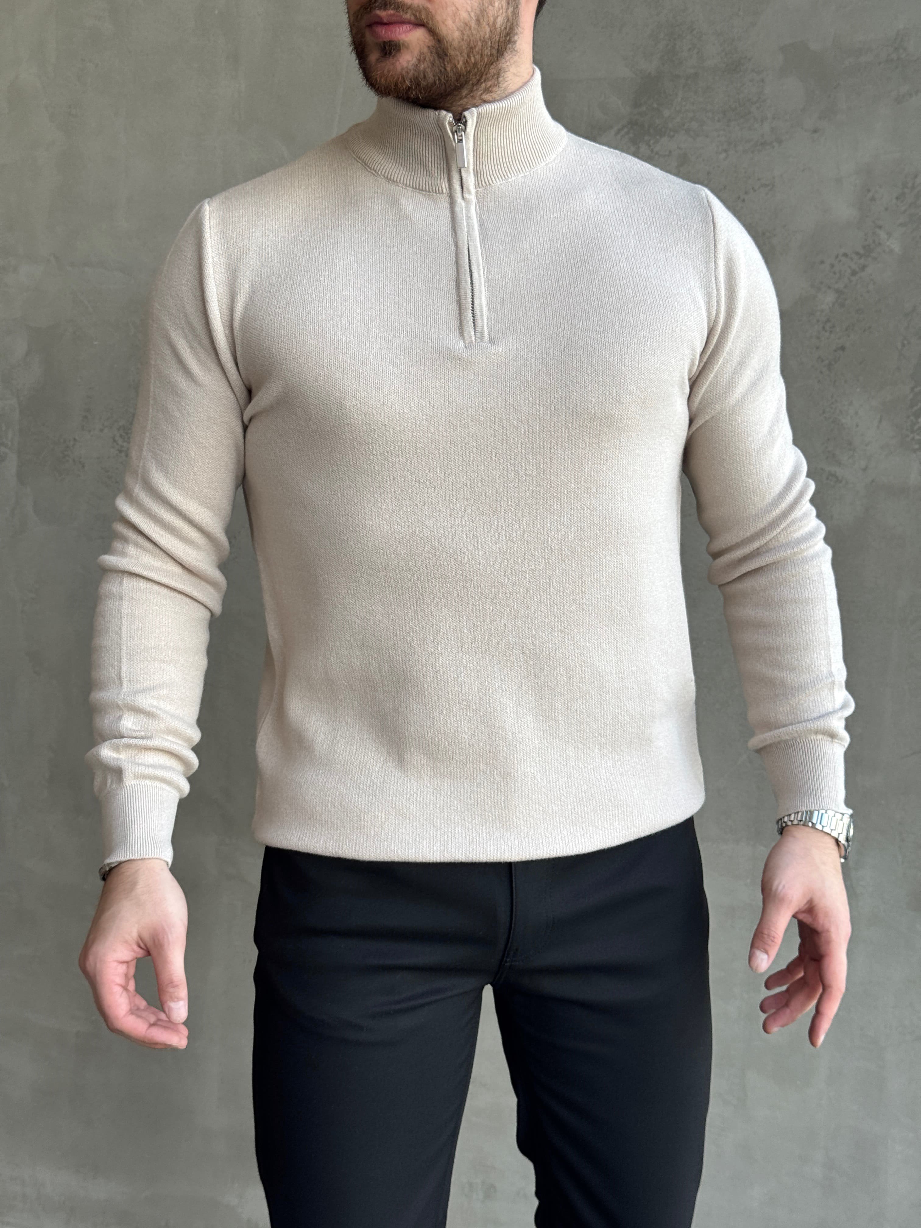 Erkek Trend Model Regular Kalıp Dik Yaka Yarım Fermuarlı Triko Kazak-Taş(E1864)Ketench