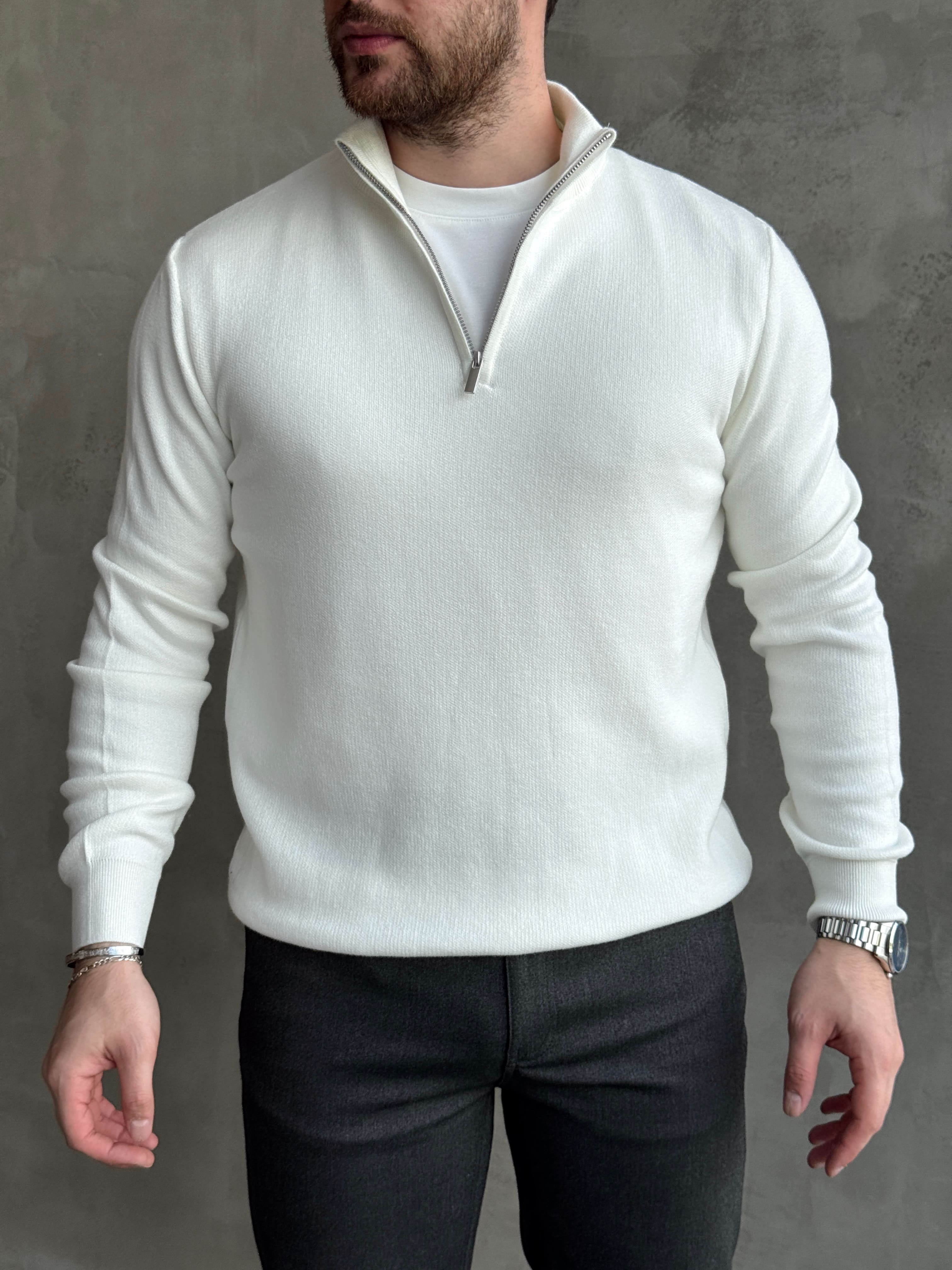 Erkek Trend Model Regular Kalıp Dik Yaka Yarım Fermuarlı Triko Kazak-Beyaz(E1864)Ketench