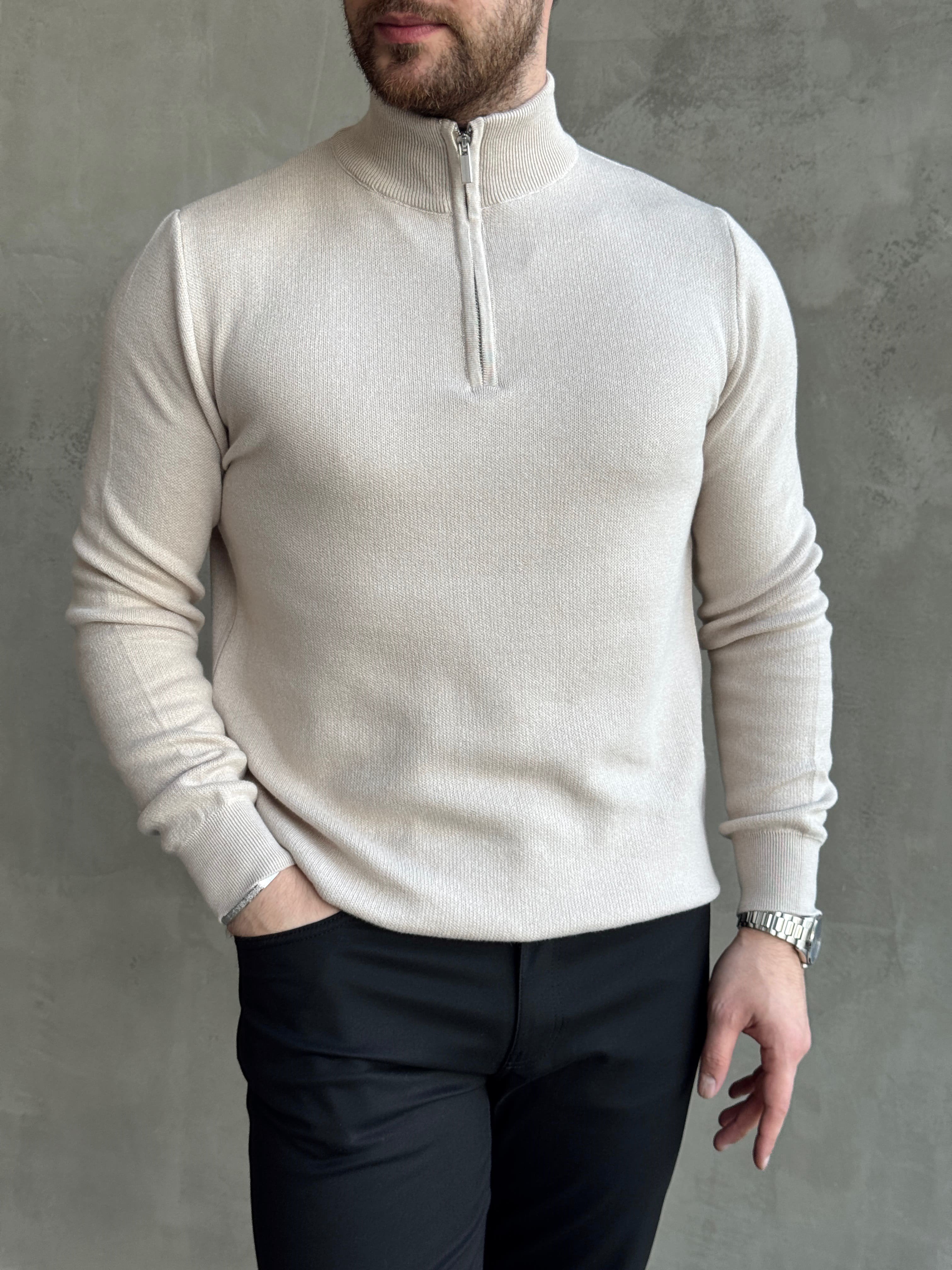 Erkek Trend Model Regular Kalıp Dik Yaka Yarım Fermuarlı Triko Kazak-Taş(E1864)Ketench