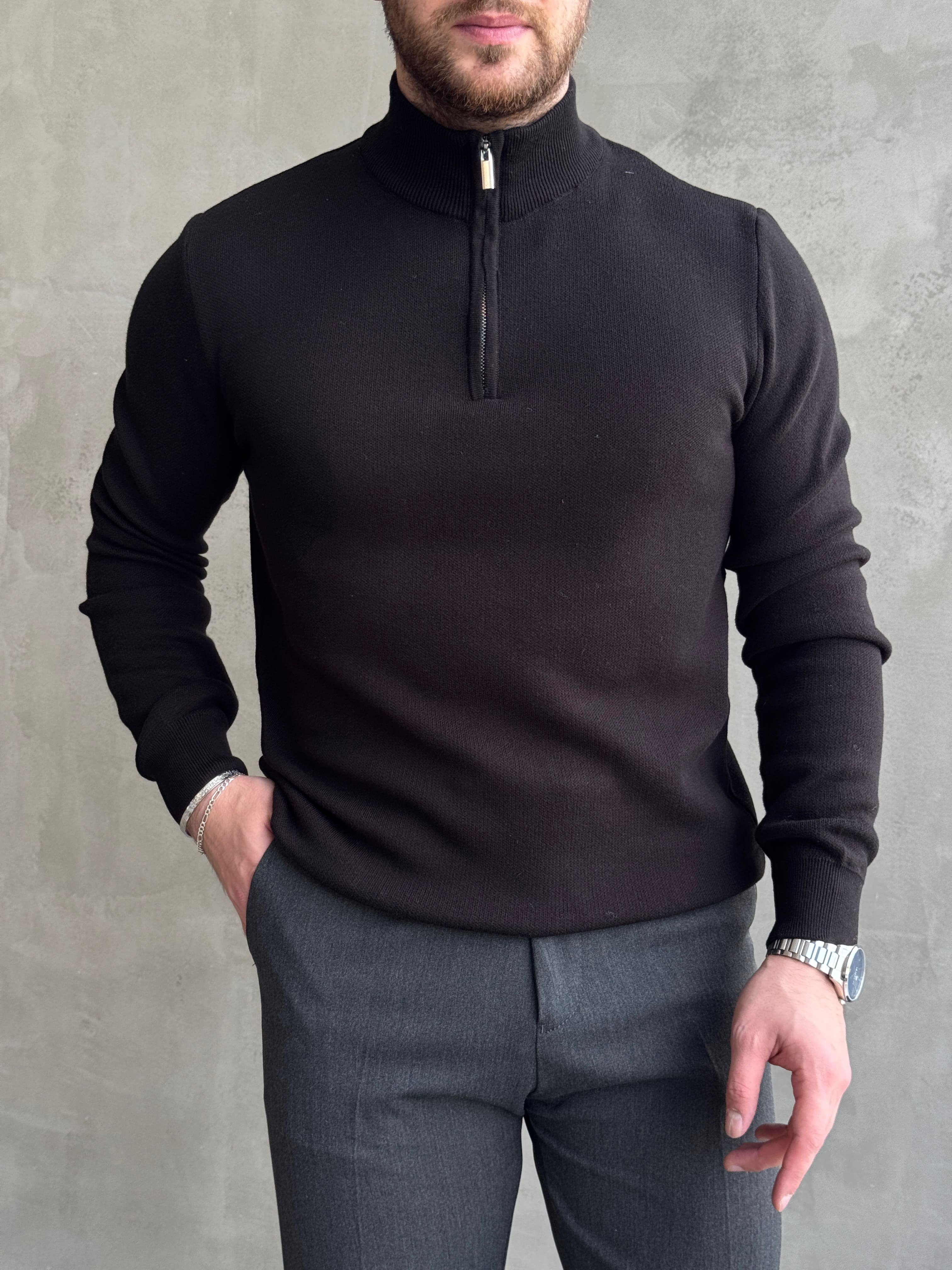 Erkek Trend Model Regular Kalıp Dik Yaka Yarım Fermuarlı Triko Kazak-Siyah(E1864)Ketench