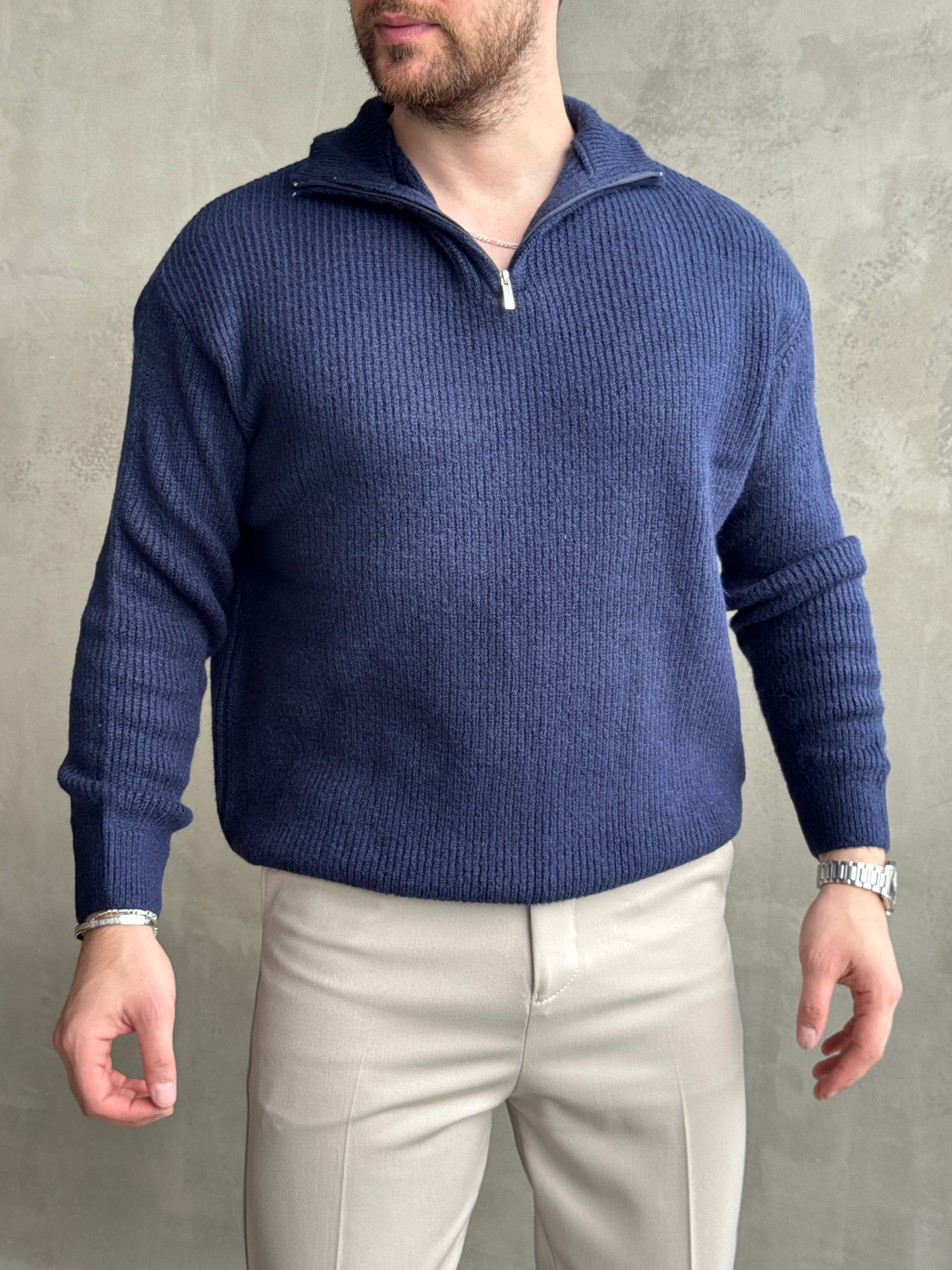 Erkek Trend Model Regular Kalıp Dik Yaka Yarım Fermuarlı Brazilian Örme Triko Kazak-Lacivert(E1865)Ketench