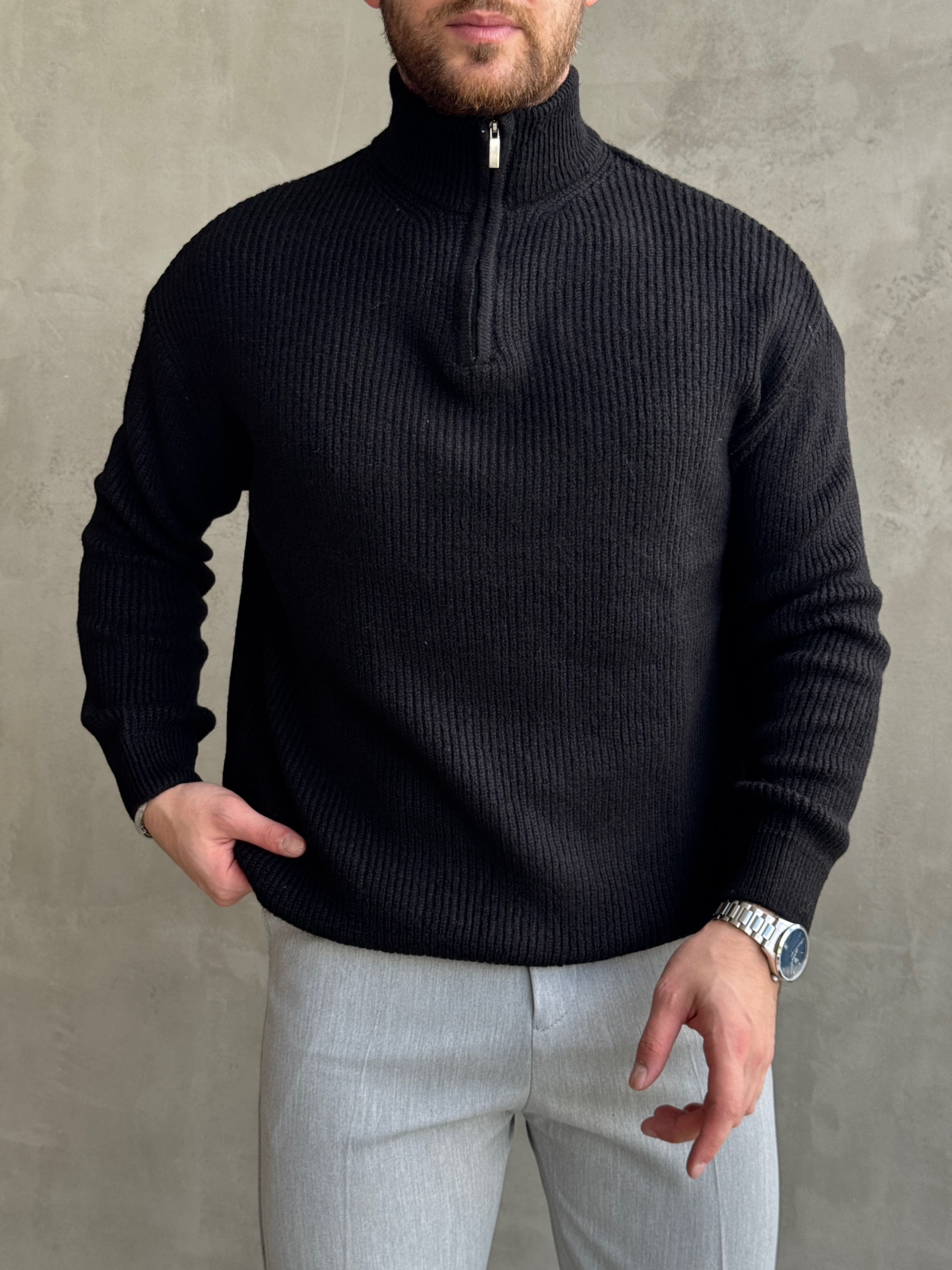 Erkek Trend Model Regular Kalıp Dik Yaka Yarım Fermuarlı Brazilian Örme Triko Kazak-Siyah(E1865)Ketench